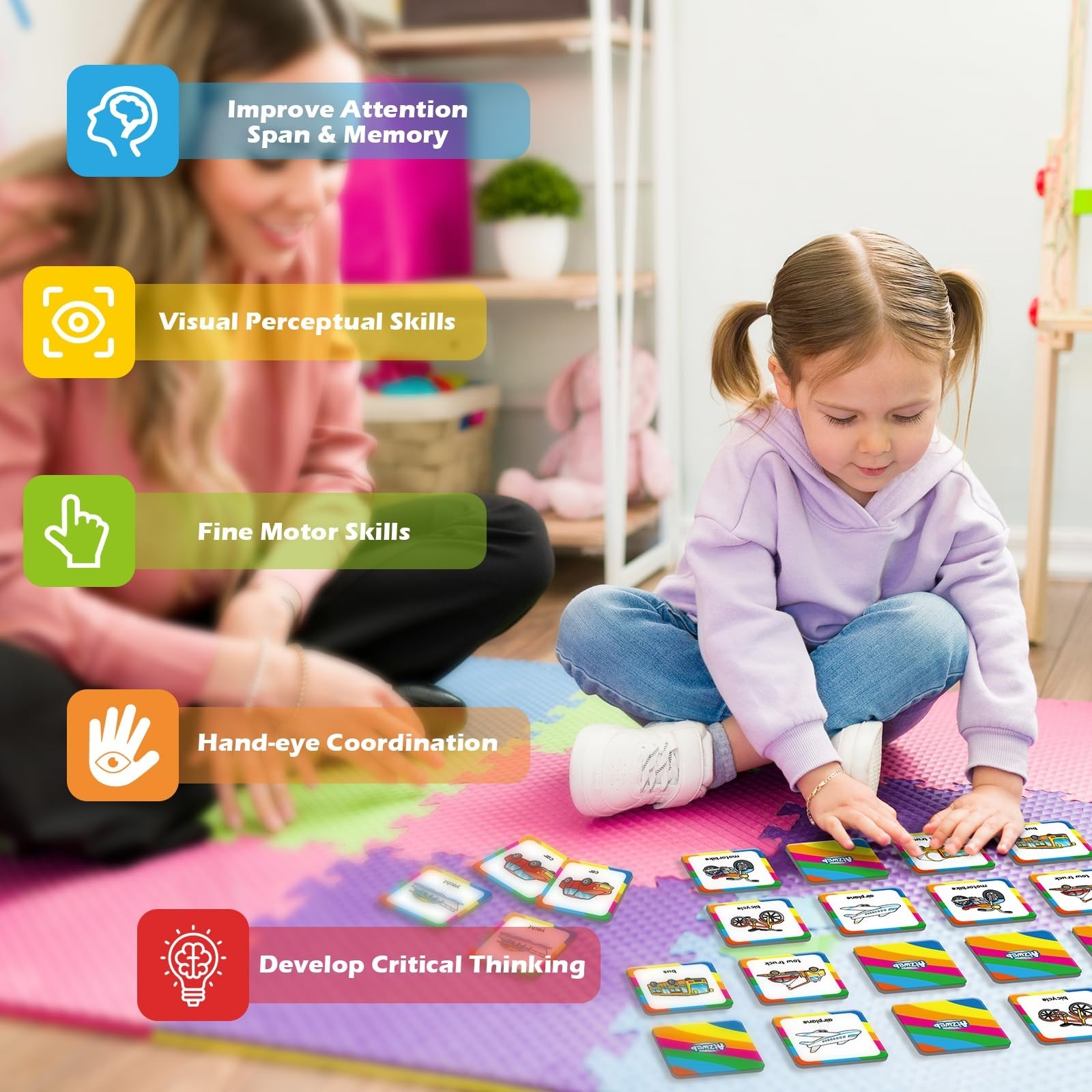 48 Pcs Vehicle Memory Match Game for Kids 3-6, Educational Flash Cards, Toddler