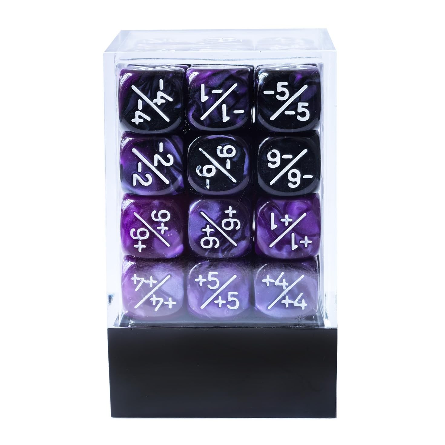 Set of 36 Positive and Negative Dice Counters in 12mm Purple and Violet Sc…