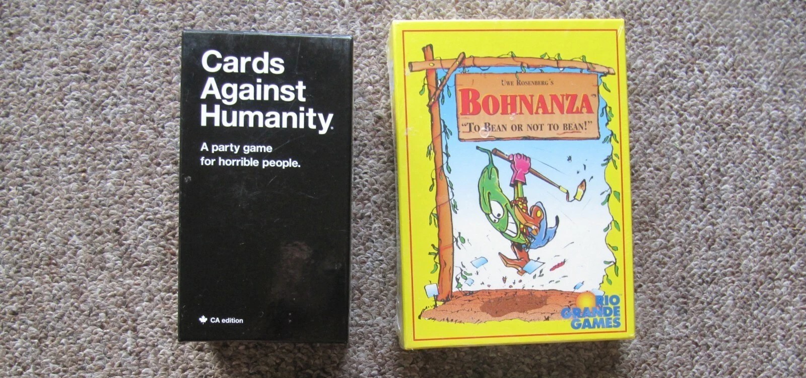 4 Fluxx games + Exploding Kittens, Bohnanza, Cards Against Humanity + expansions