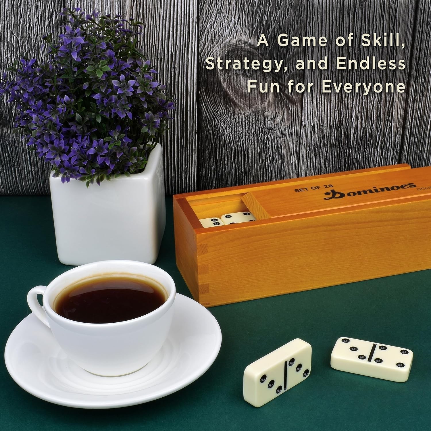 Queensell Jumbo Dominoes Set for Family Fun – 28 Double 6 Tiles in Wooden Box