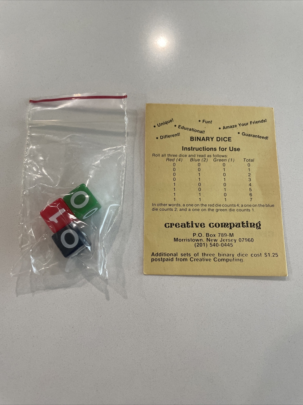 Vintage 3 Binary Dice Game Creative Computing 1 0 Made In USA Rare NOS CPU 80’s