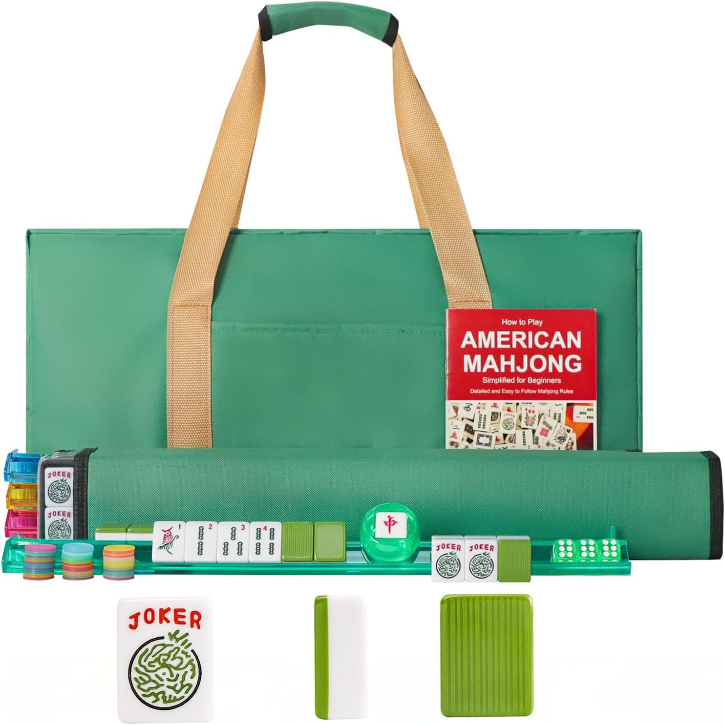 American Mahjong Game Set, 166 Green Tiles, 4 All-In-One Color Rack/Pushers, Com