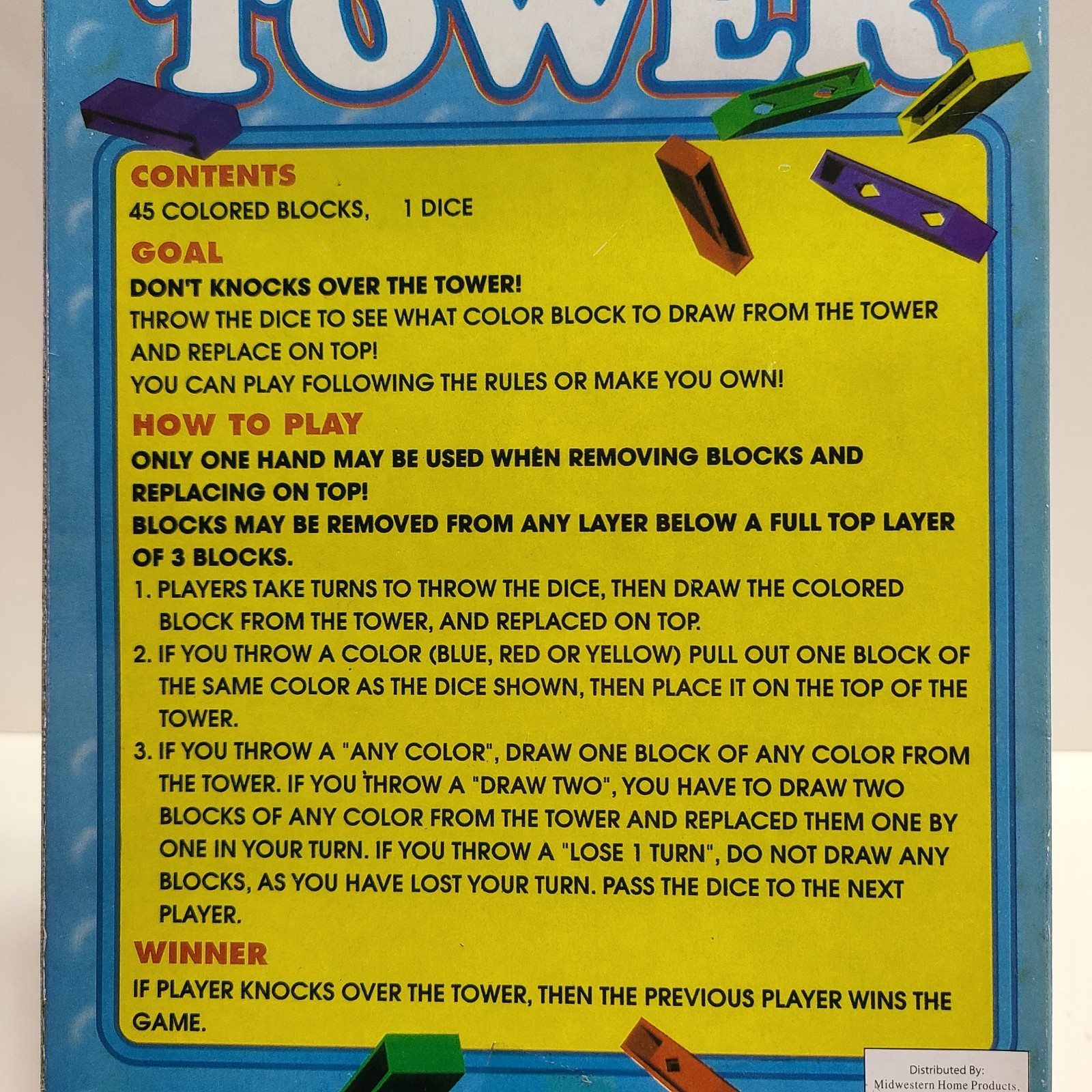 Stack Up Tower with 45 Colored Plastic Blocks and One Dice.