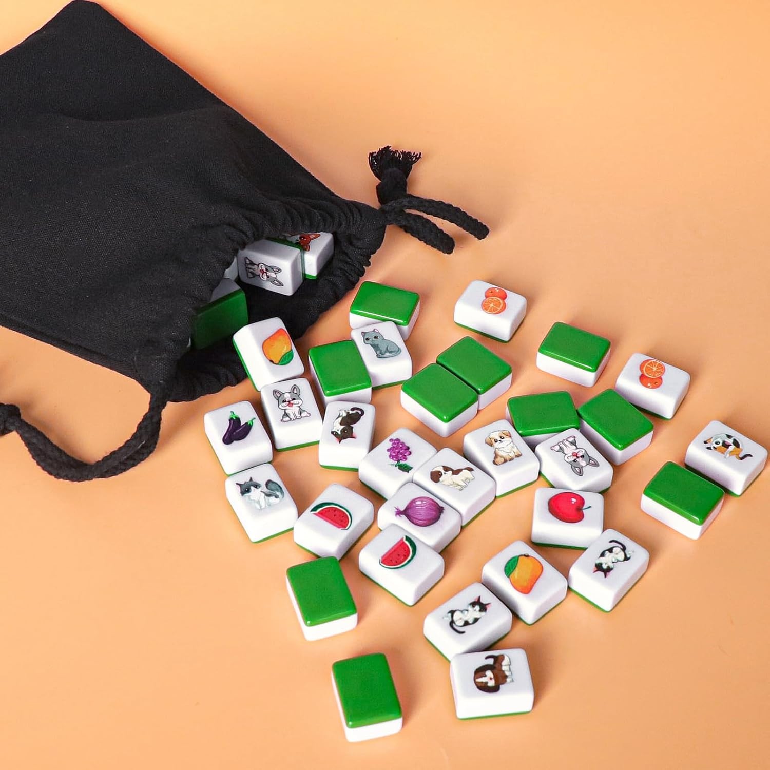 4 Players Mahjong Block Set, 128 Green Tiles(1.18”) with Animal and Food Pattern