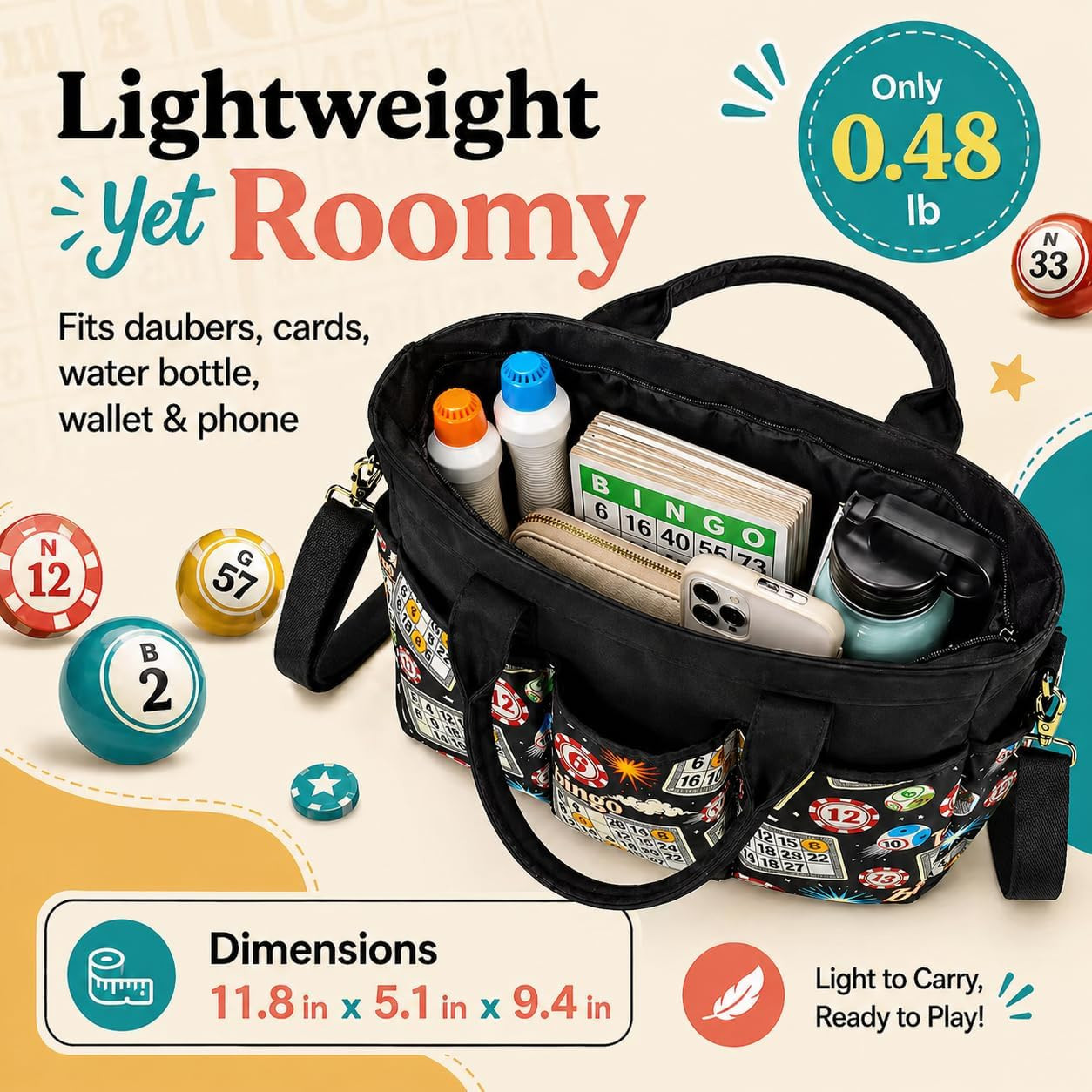 Bingo Bag with Pockets for Daubers, Lightweight Bingo Dauber Bag for Game Night,