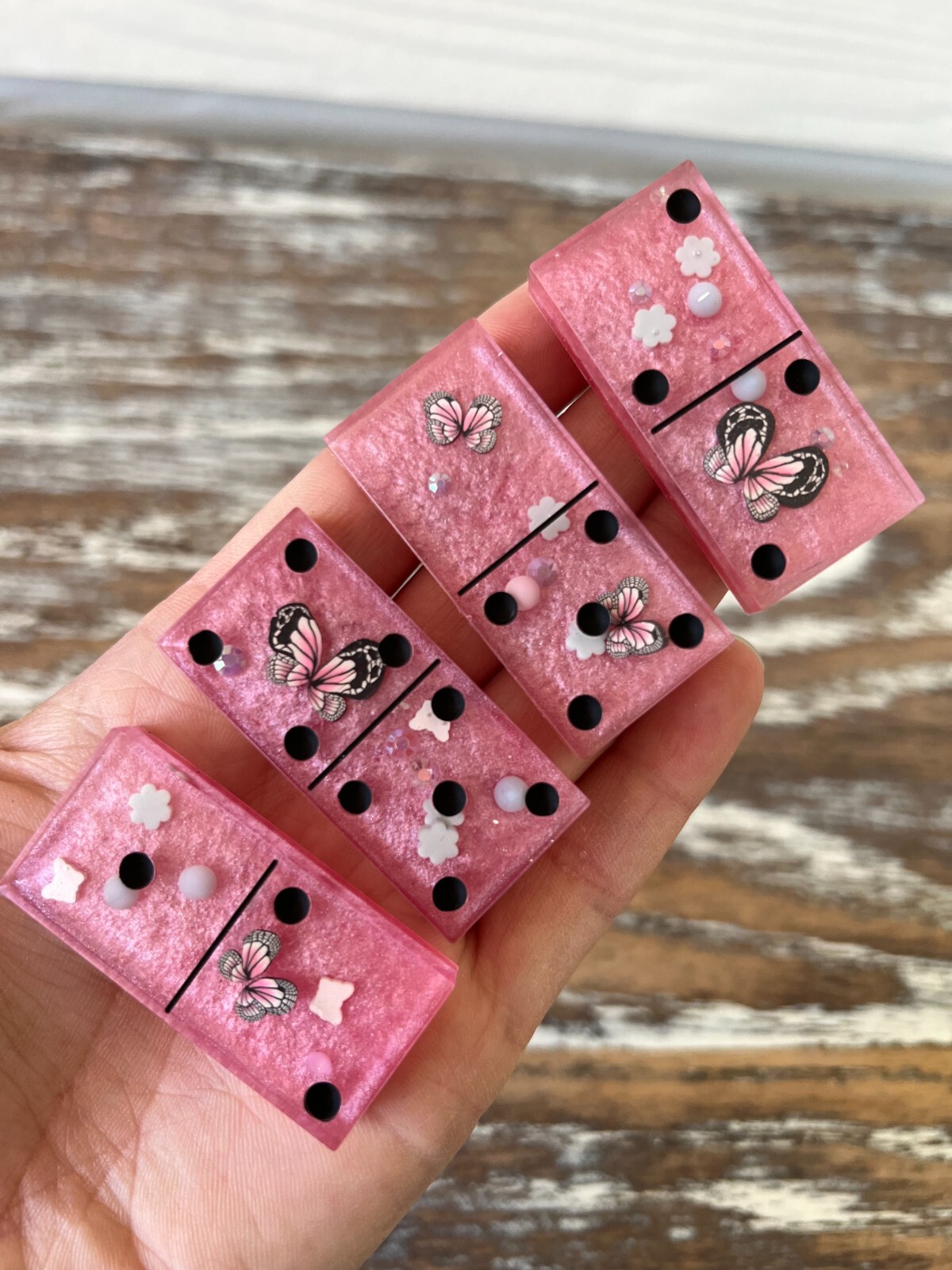 Butterfly Pink Resin Dominoes Game with Velvet Bag 28 pieces Glitter Handmade