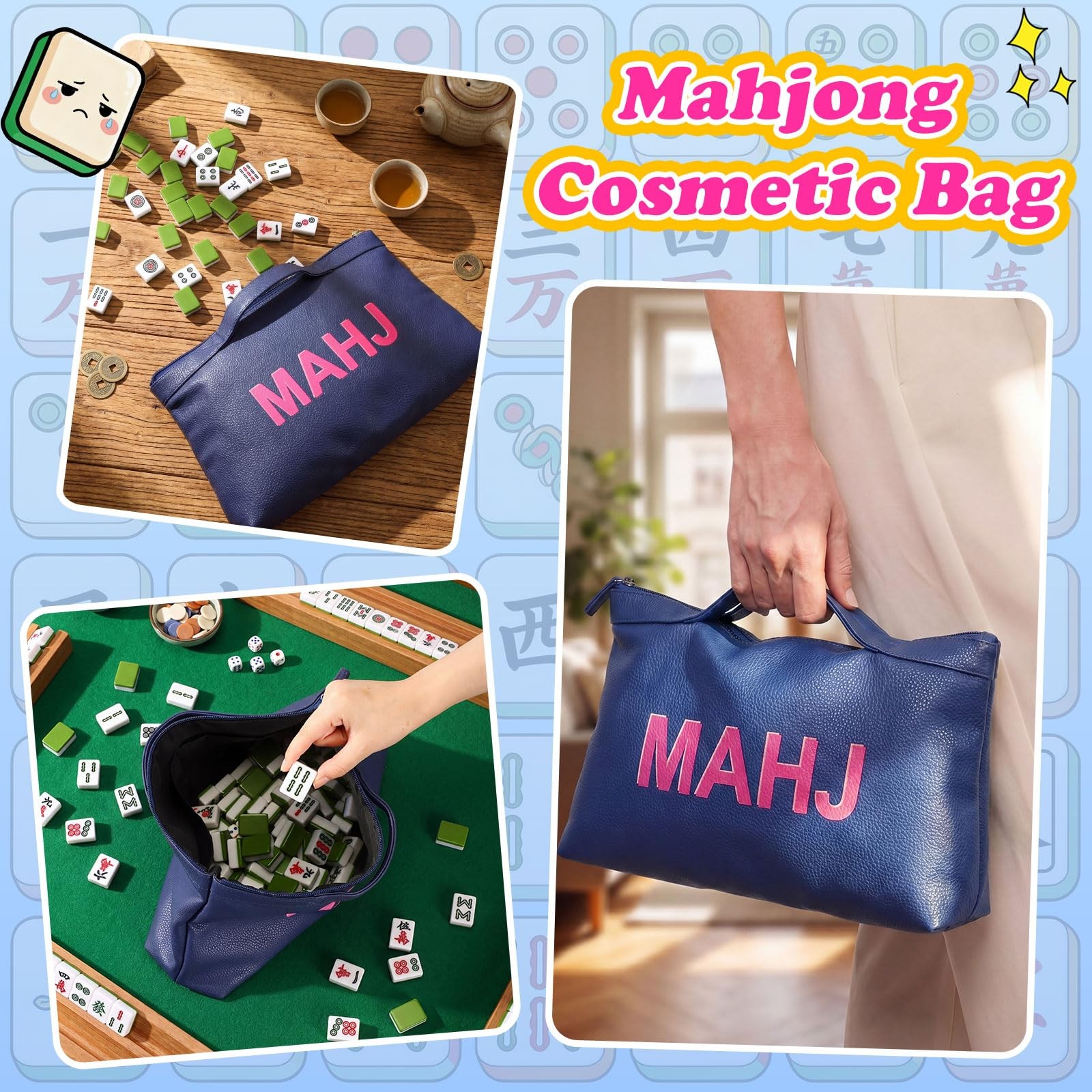 Leather Mahjong Tile Bag with Zipper Handle Lining Mahjong Storage Pouch for …