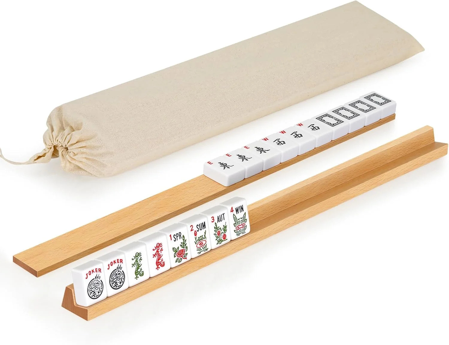 Mahjong Racks with Pushers Set of 4, All-In-One Tile Wooden Mahjong Racks 4 Stro