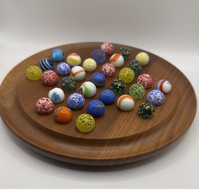 Deluxe Wooden Solitaire Game – 8″ Vintage Board w/ 34 Modern Glass Marbles