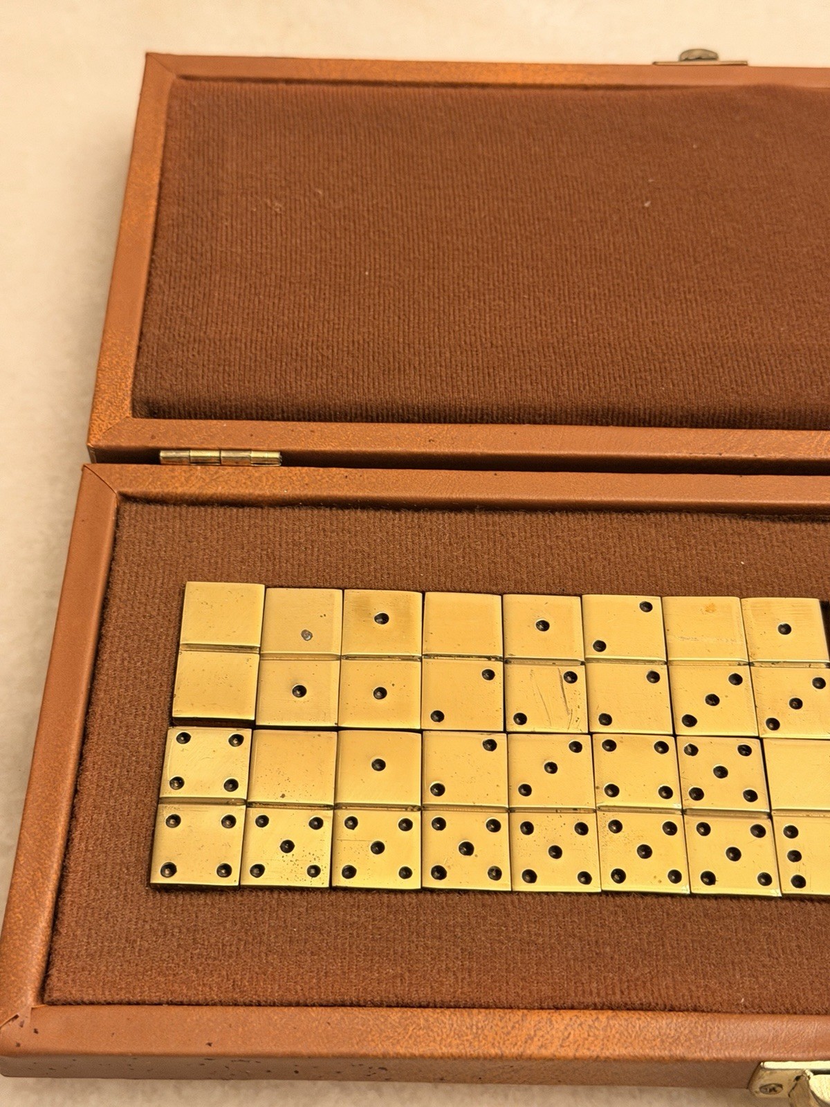 Vintage Mid-Century Solid Brass Double Six Dominoes Set(28) in FauxLeather Case