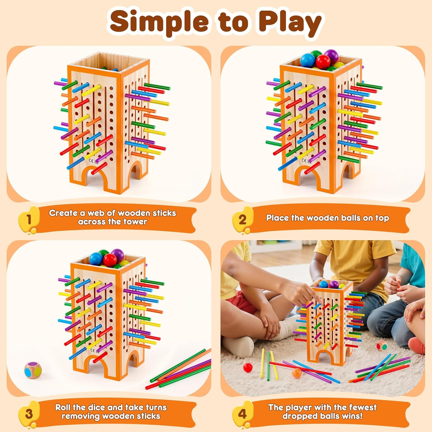 Montessori Board Game for Kids 4-6, 42 Colorful Wooden Sticks Dice Game with 12