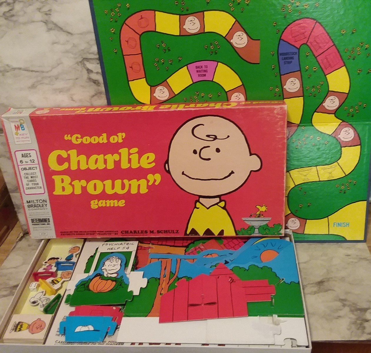 2 Vntg PEANUTS Game Lot – 1971 GOOD OL’ CHARLIE BROWN Board & 1974 SNOOPY Card