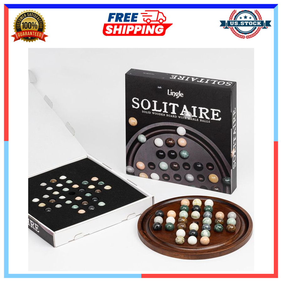 12.6” Wooden Solitaire Board Game Single Player Strategy with Marble Balls Set