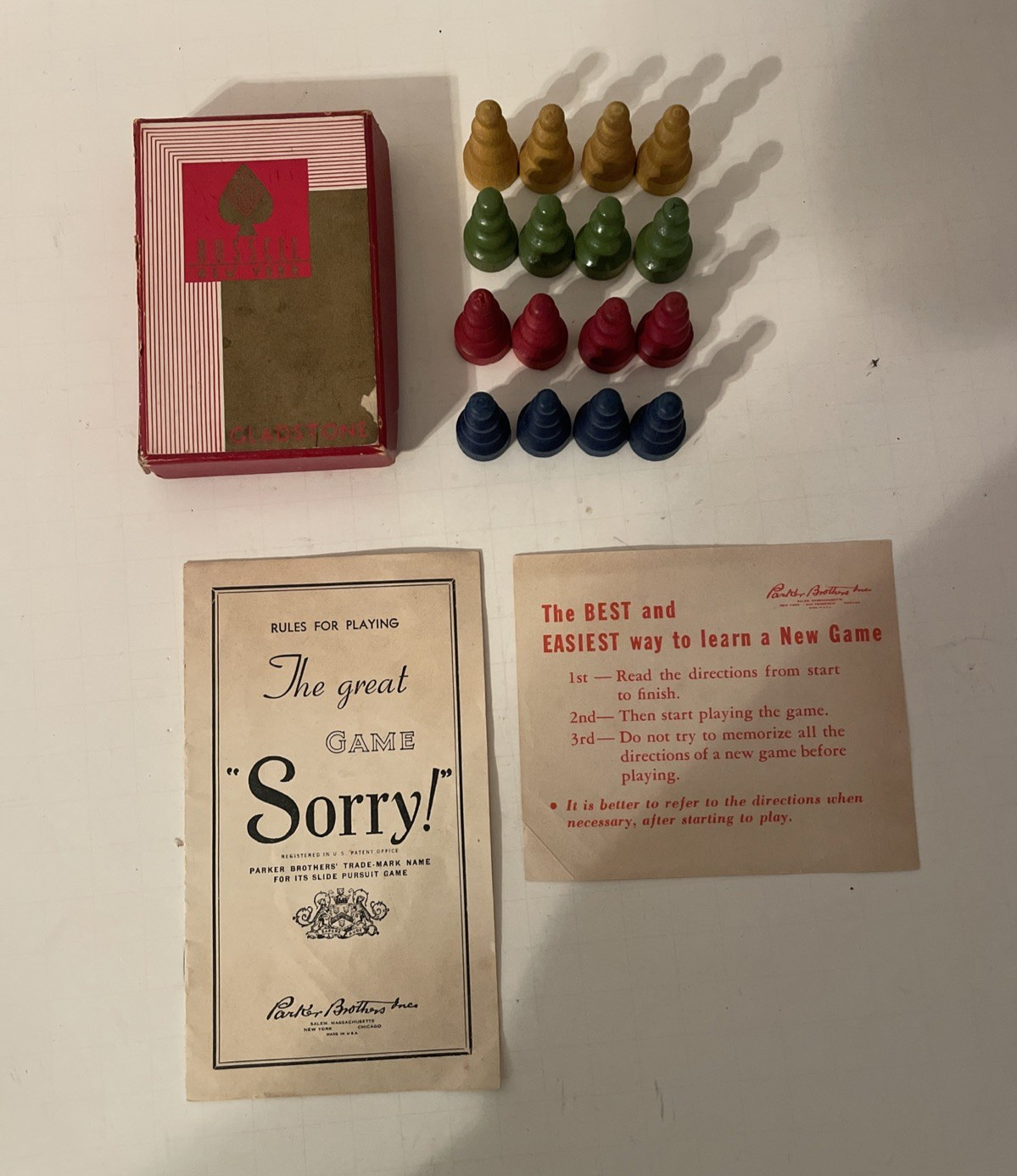 Vintage 1950 Sorry! Board Game Wooden Pieces, Wood Pawns, Cards, Instructions