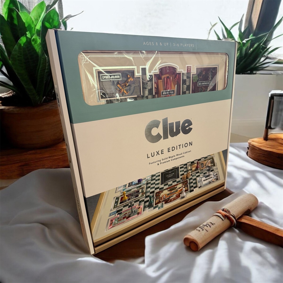 Clue Luxe Edition Board Game with solid maple wood cabinet