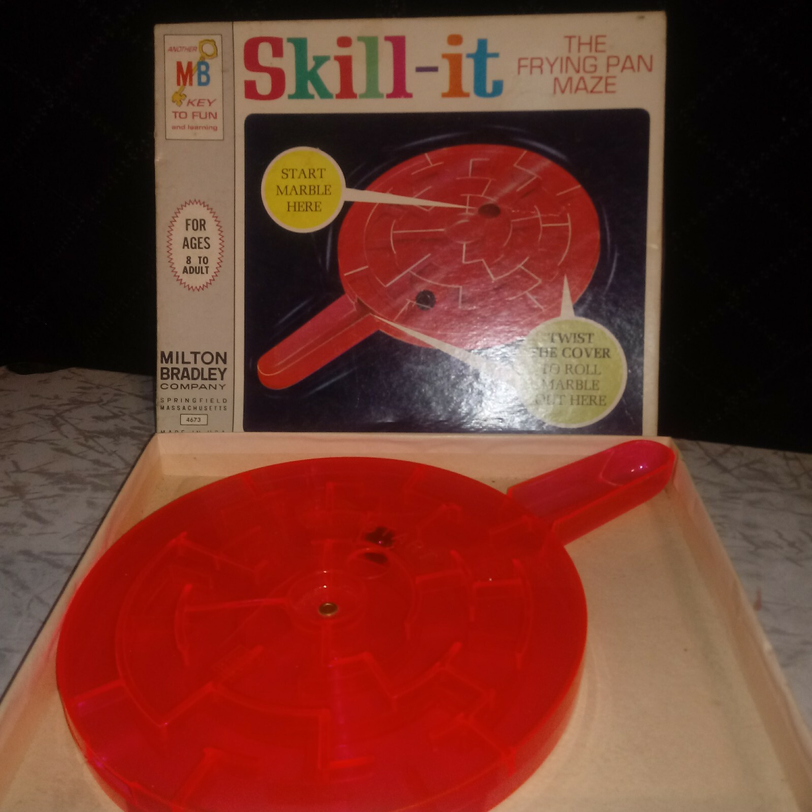 Vintage 1966 Milton Bradley Skill-it Frying Pan Maze Game, Original Box & Marble
