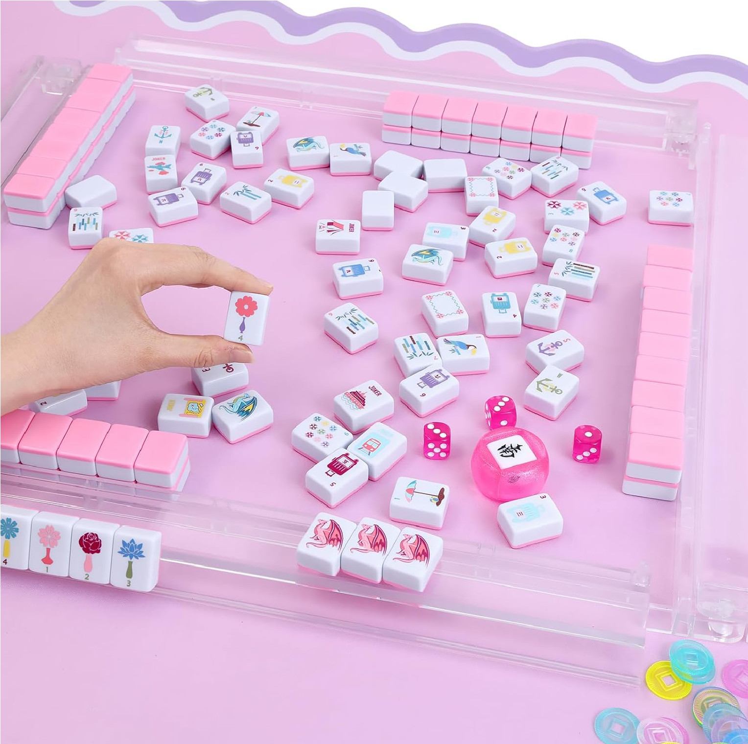 160 Pink Printed American Mahjong Game Set with Carrying Bag and Accessories,