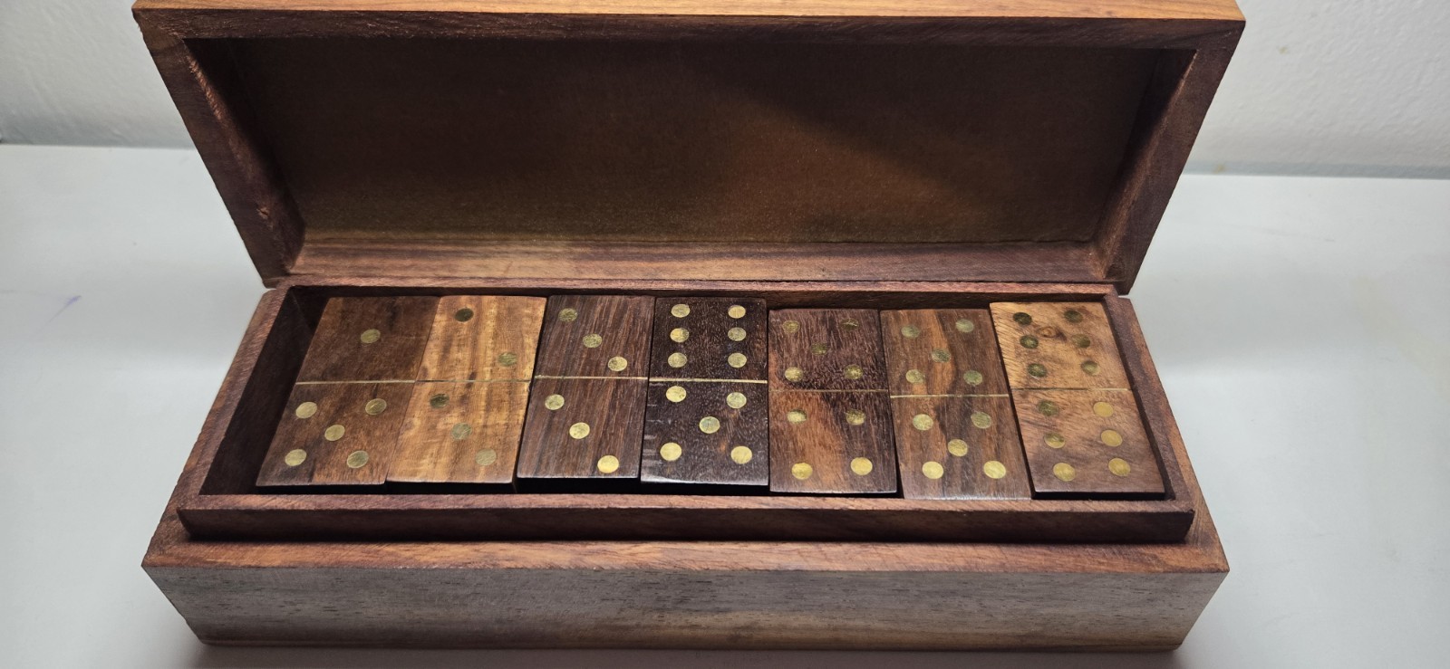 Double Six Wood Dominoes Set w Brass Inlays in Wooden Case – Vintage