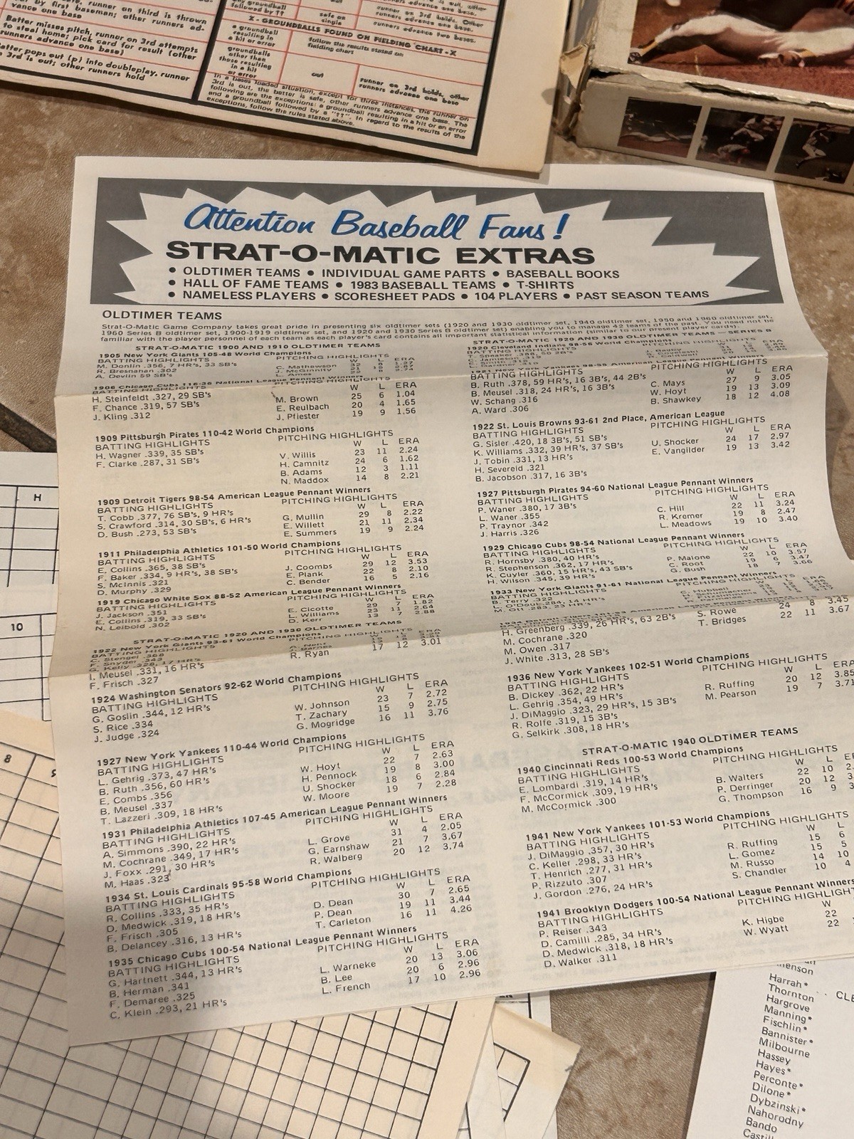 Vintage 1 Strat-O-Matic Baseball Board Game – 980 Season Stats Incomplete