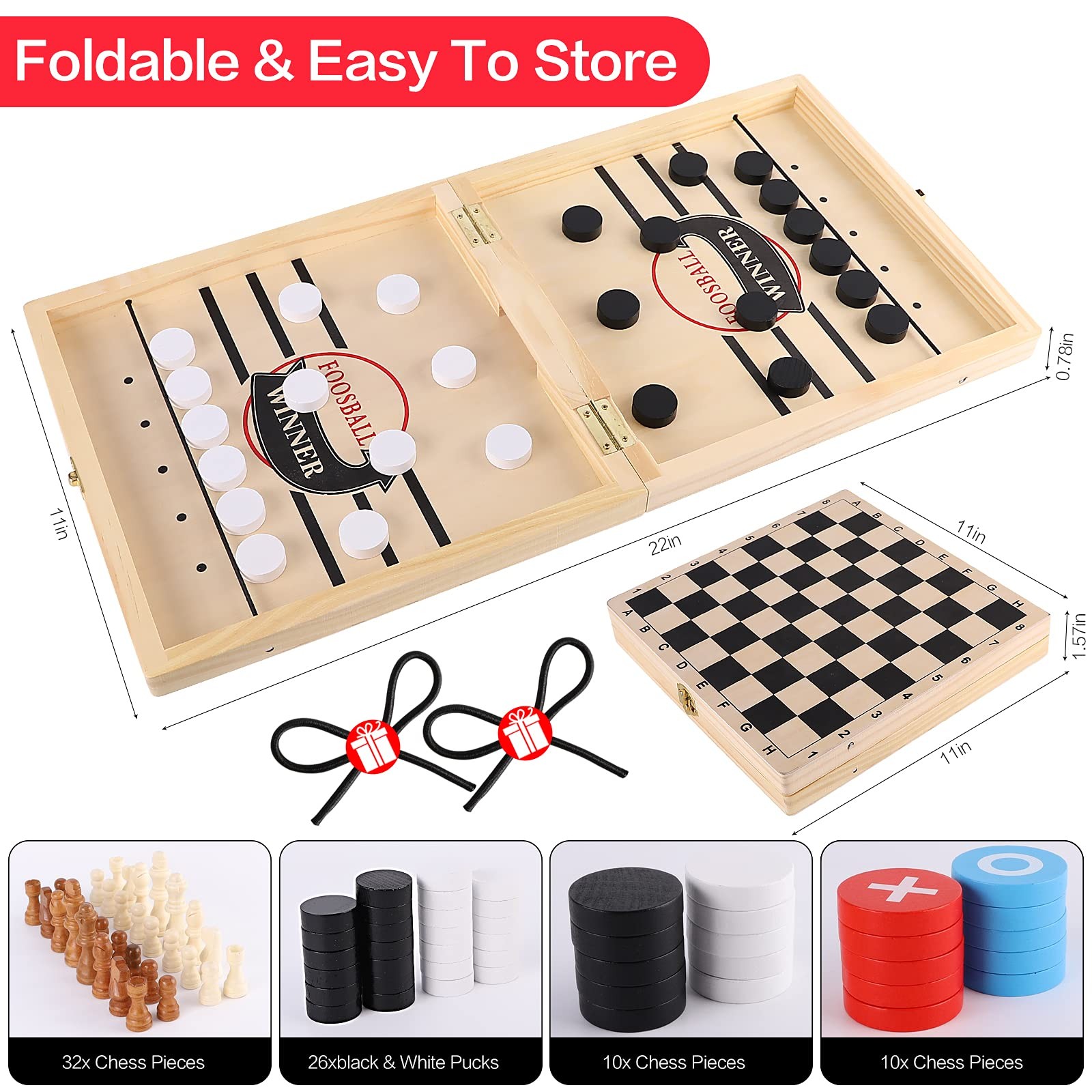 Sling Puck Game, Chess Checkers Game Set, 4 in 1 Folding Wooden Board Game, F…