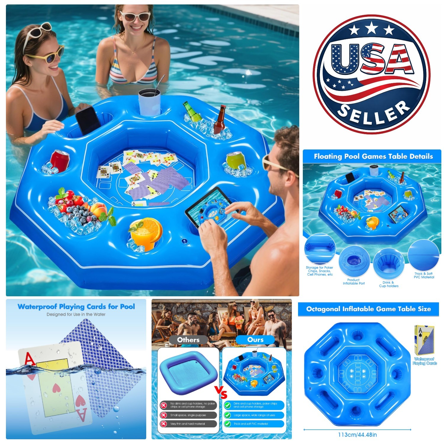 Lanathel Octagonal Inflatable Game Table with Waterproof Cards for Pool Parties
