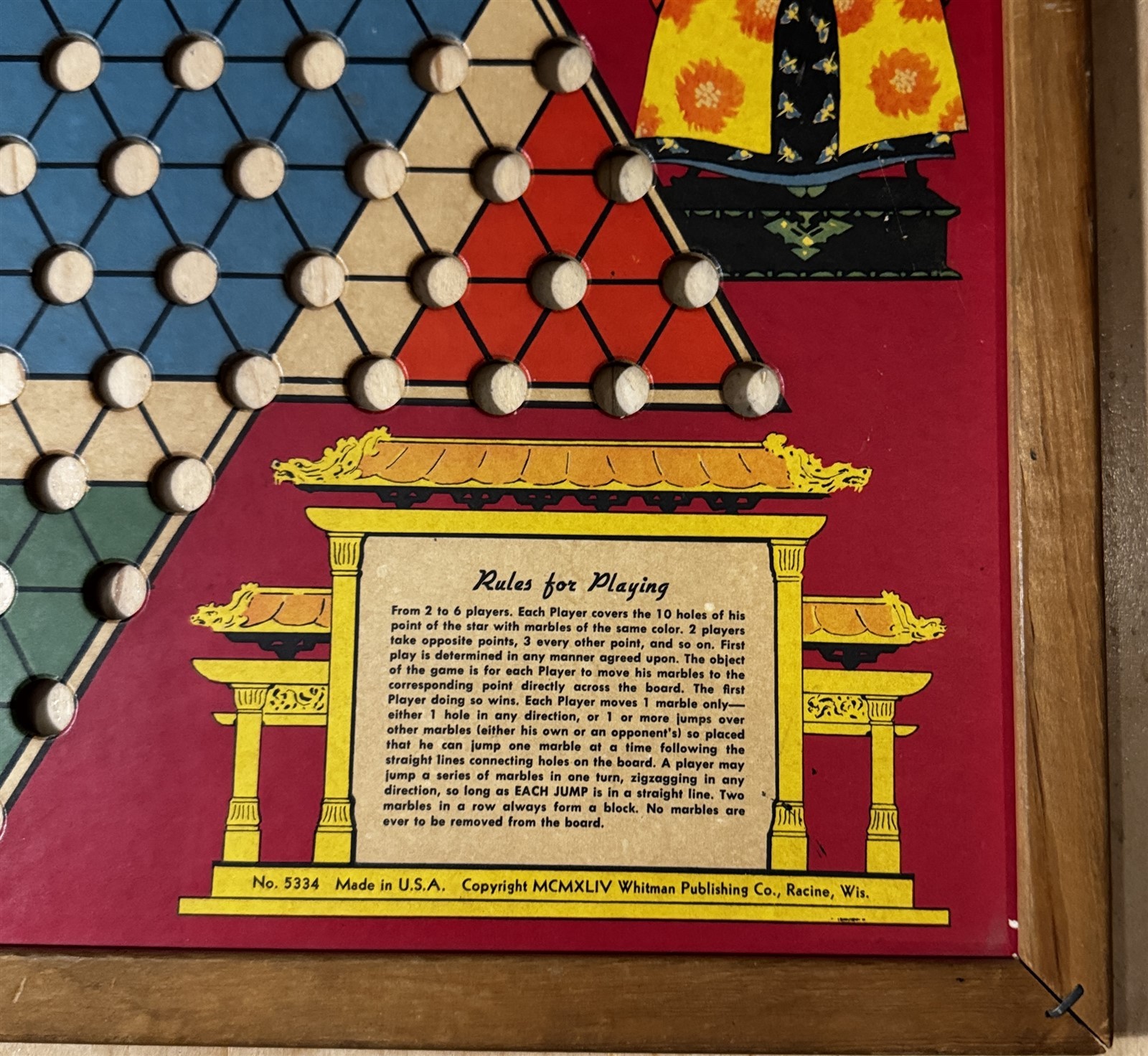 Vintage Whitman #5334 Chinese Checkers Game Board – 1944 – Wood Frame Lithograph