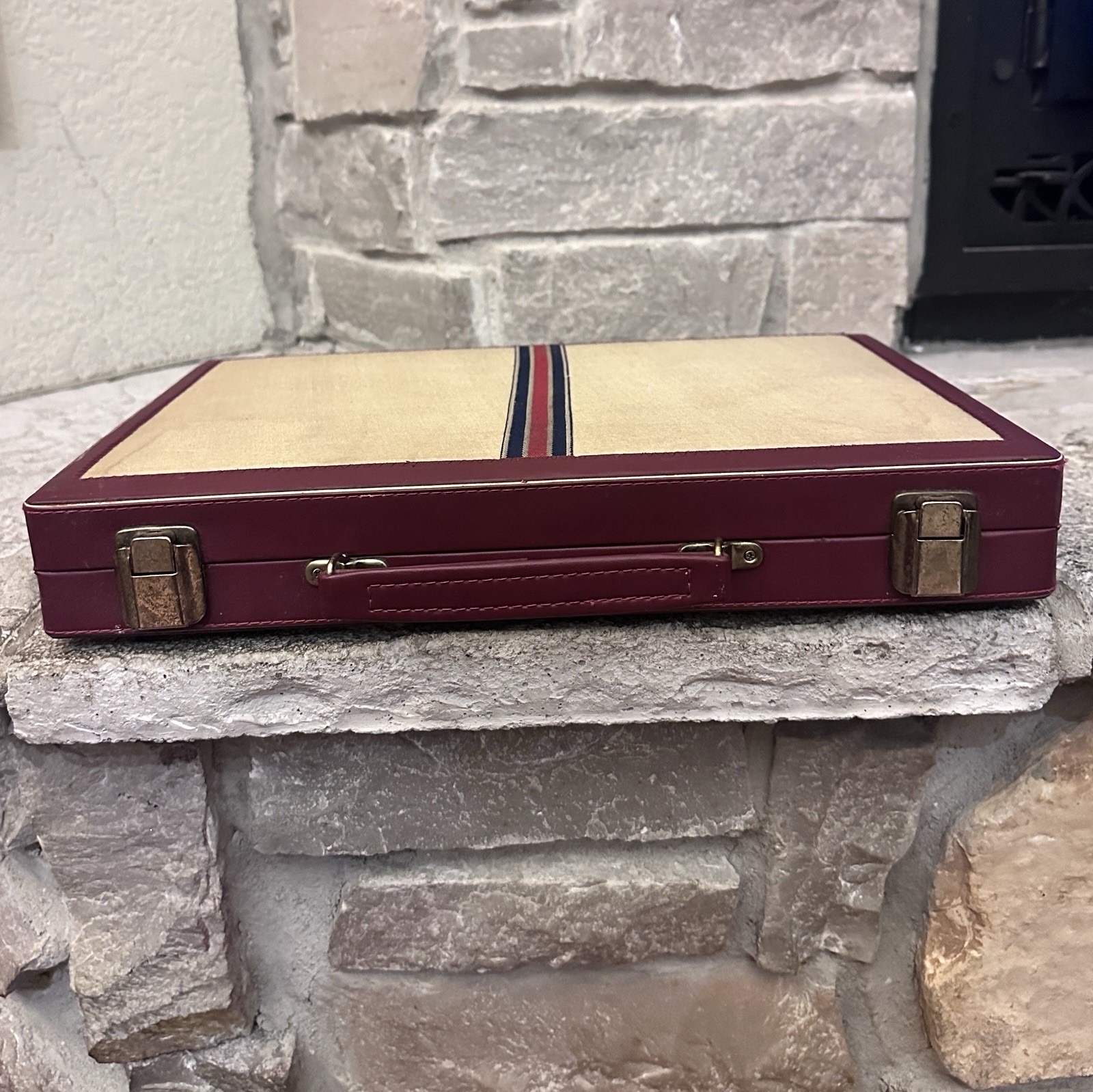 Vintage Backgammon Complete Set Black Crimson-Red Chips 20×15” Folding Board