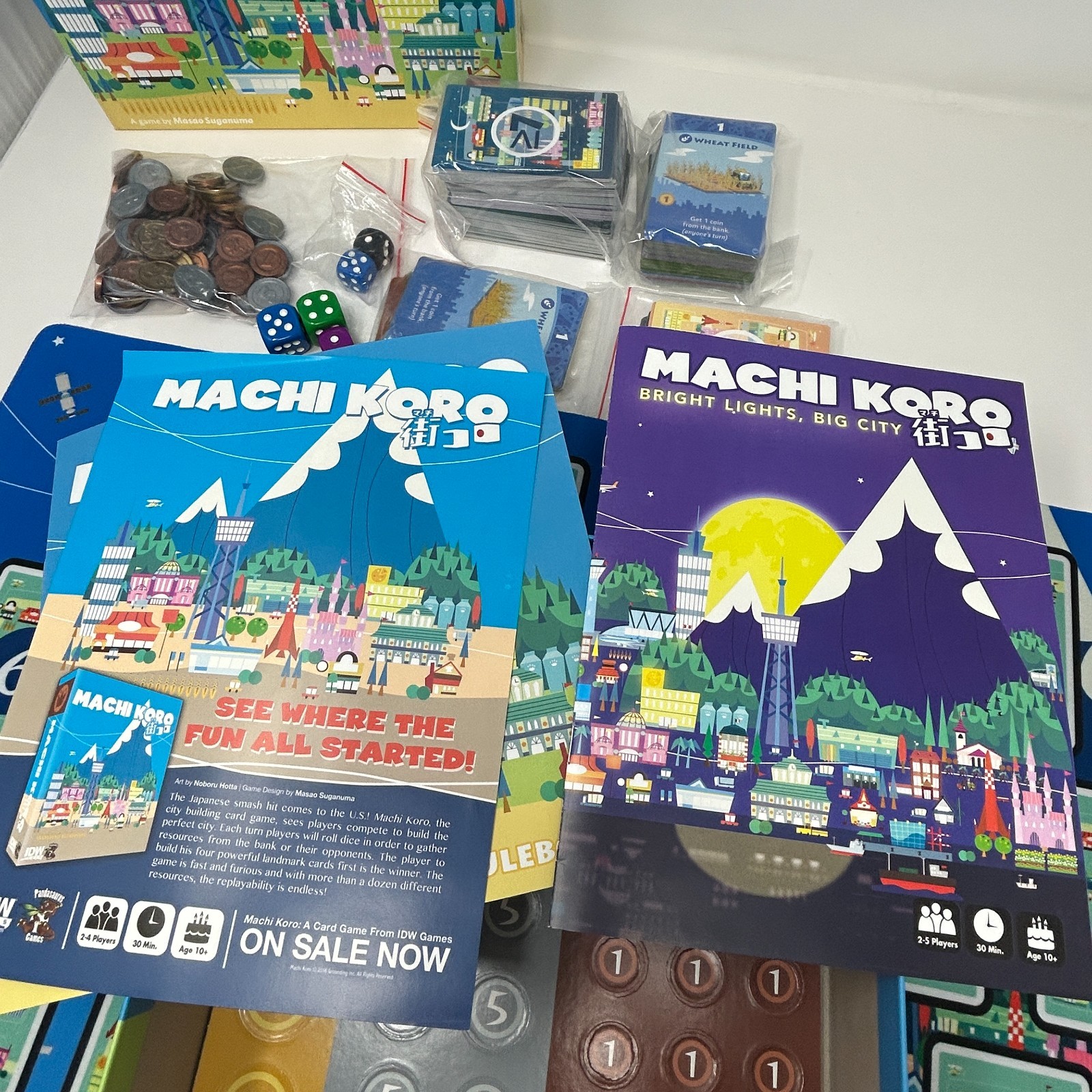 MACHI KORO &Neoprene Playmat &BRIGHT LIGHTS BIG CITY deluxe coins expansion