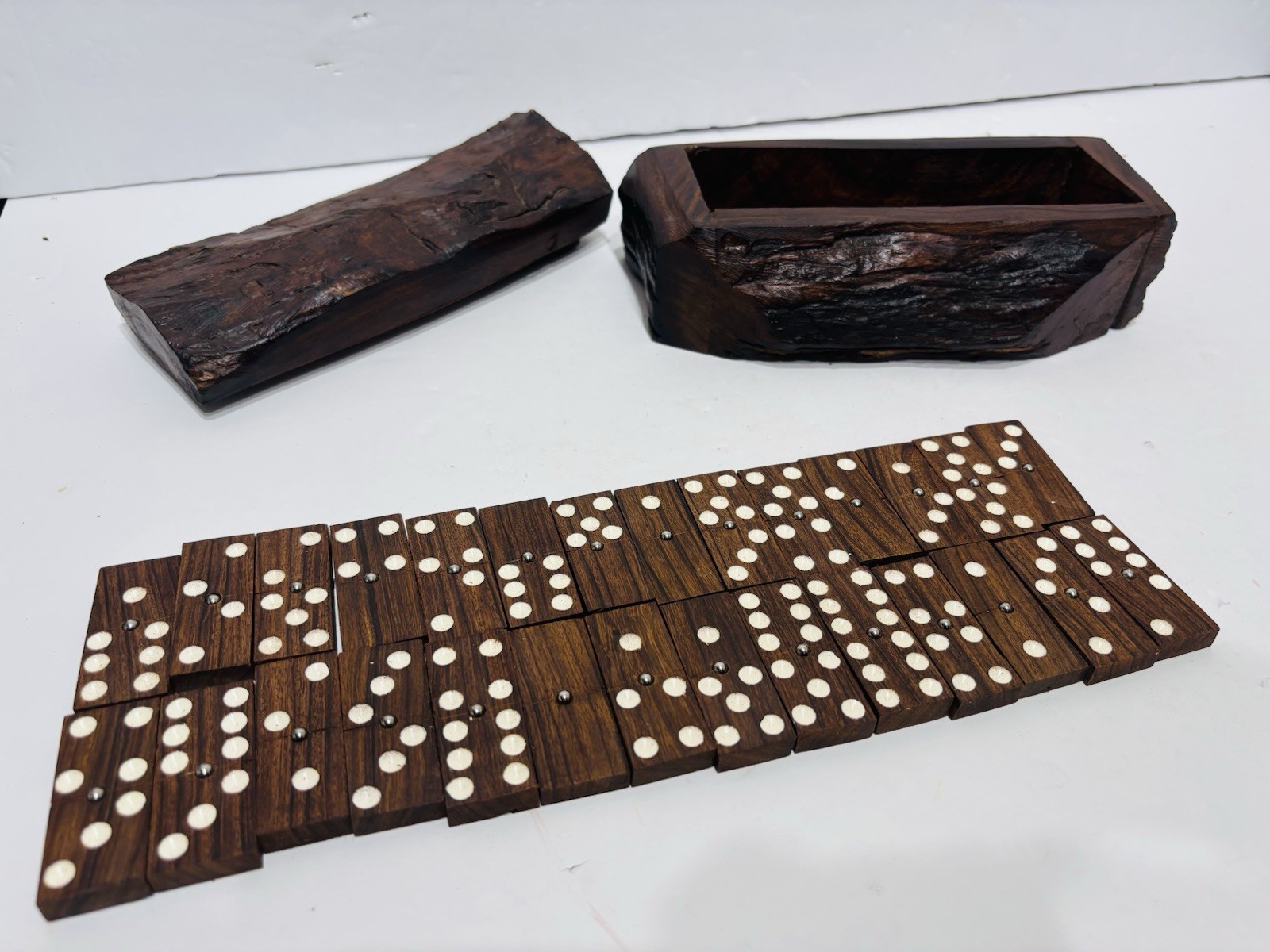 Vintage Walnut Wood Dominoes Set And Box