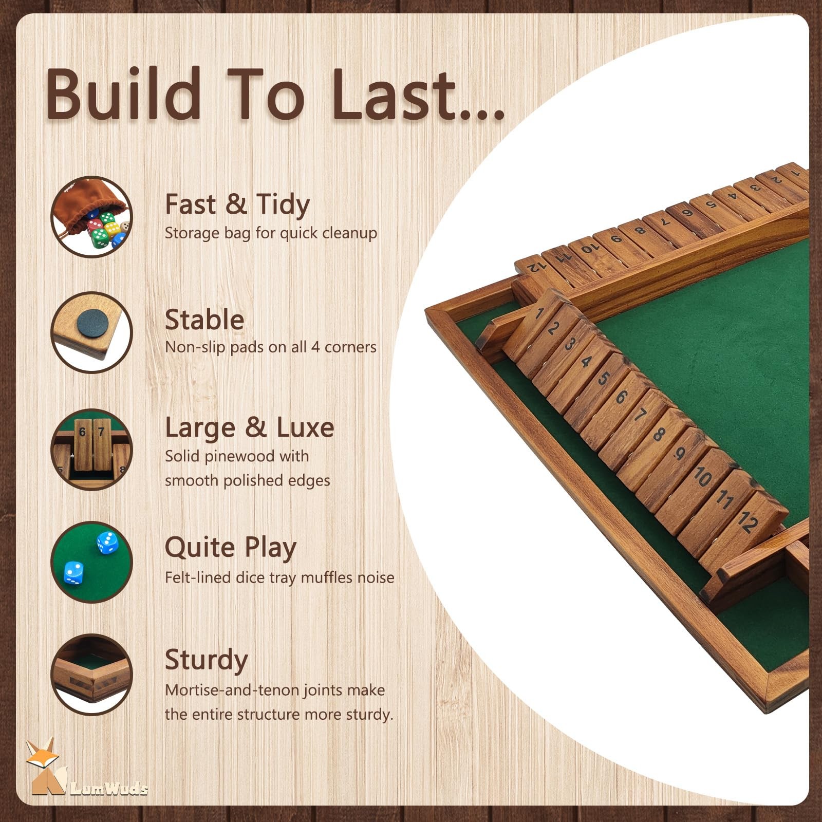 Shut The Box Game Wooden Board (13.78 Inches) for 1-4 Players, Family Dice Ga…