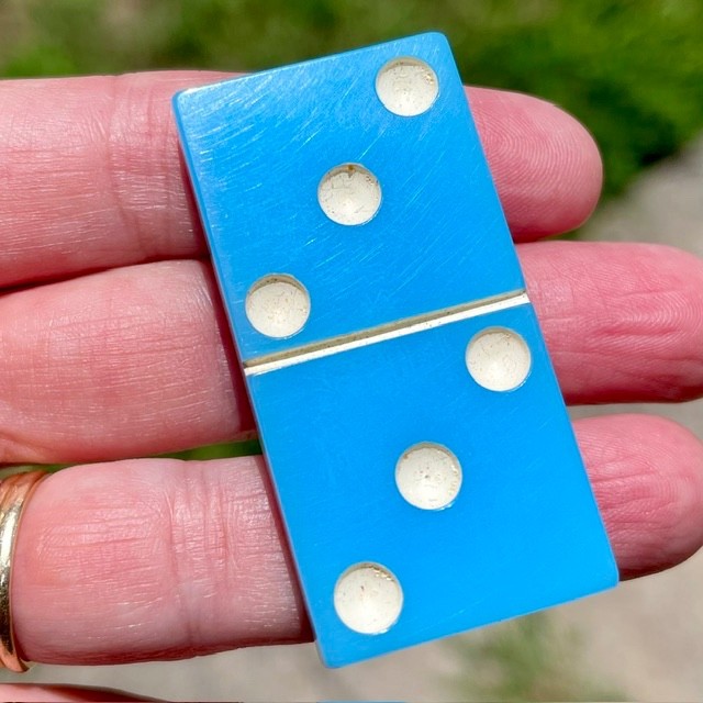 Vintage Two-Tone Blue and White Double Six Dominoes Complete 28 Set Wood Box