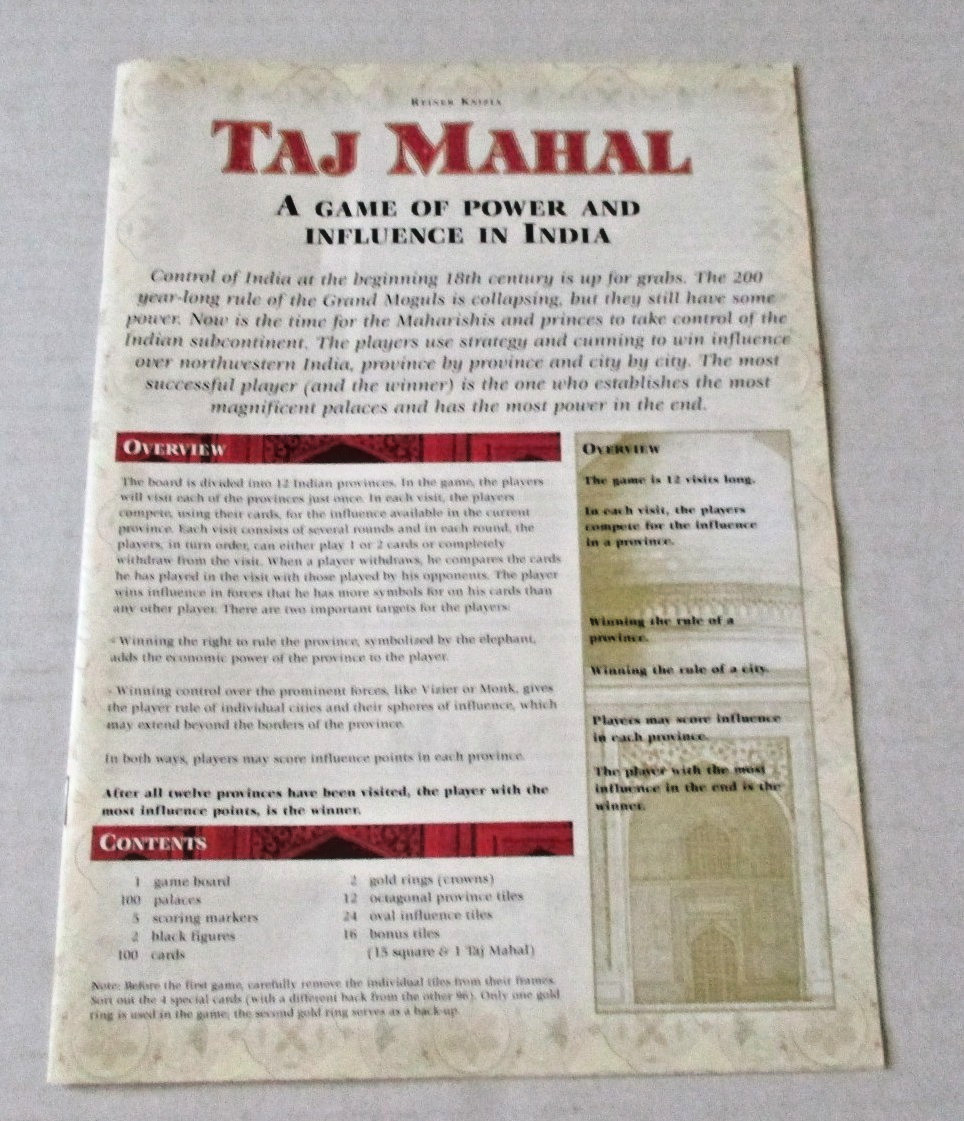 Taj Mahal The Game Of Power & Majesty In India Board Game Rio Grande Games 2000