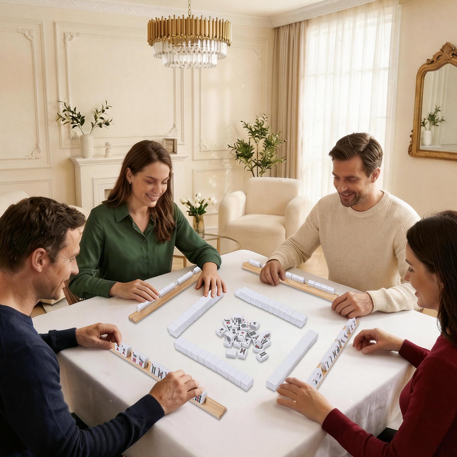 GOTHINK Wooden Mahjong Tiles 15x3x1.4 Inches, Trays