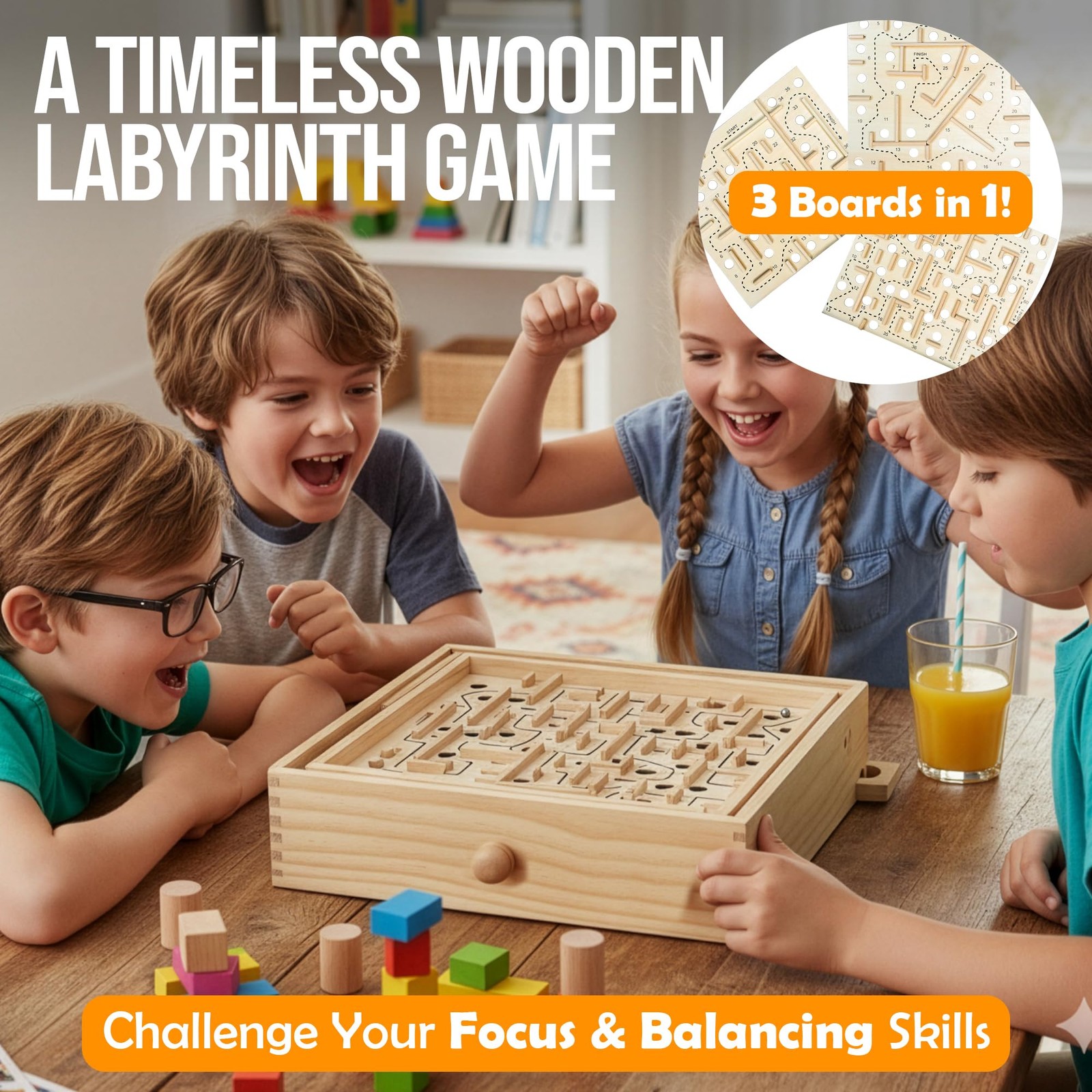 Wooden Labyrinth Maze Game 3 Swappable Boards Steel Marbles Knob Control Games