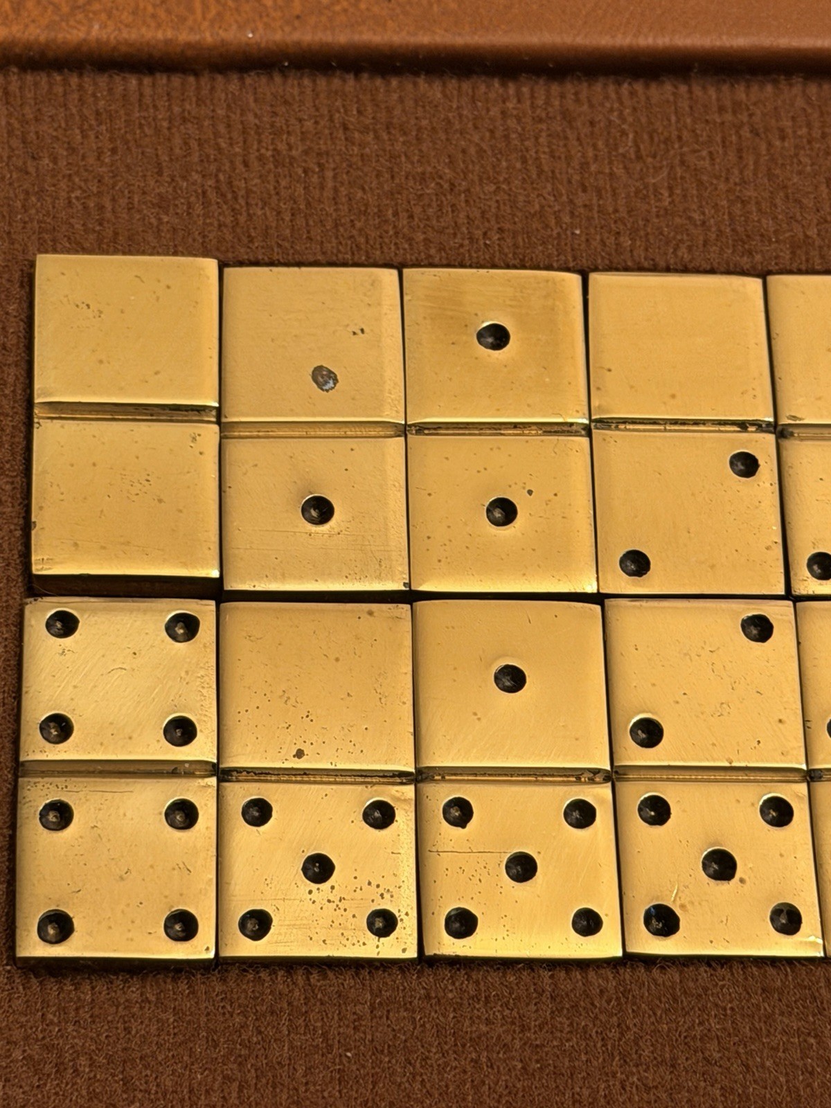 Vintage Mid-Century Solid Brass Double Six Dominoes Set(28) in FauxLeather Case