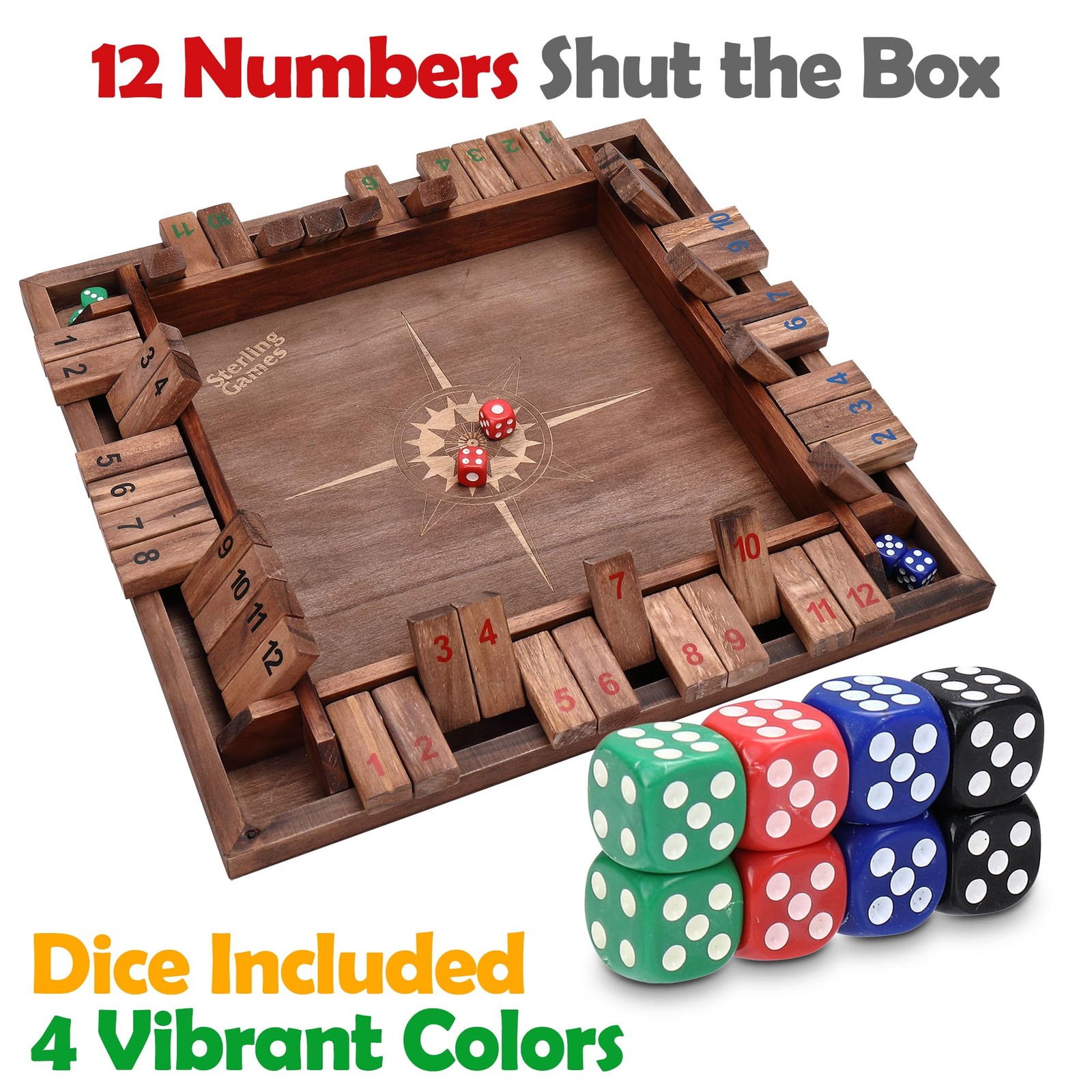 Sterling Games 12 Inches Shut The Box Game for 4 Players, Family Dice Game wi…