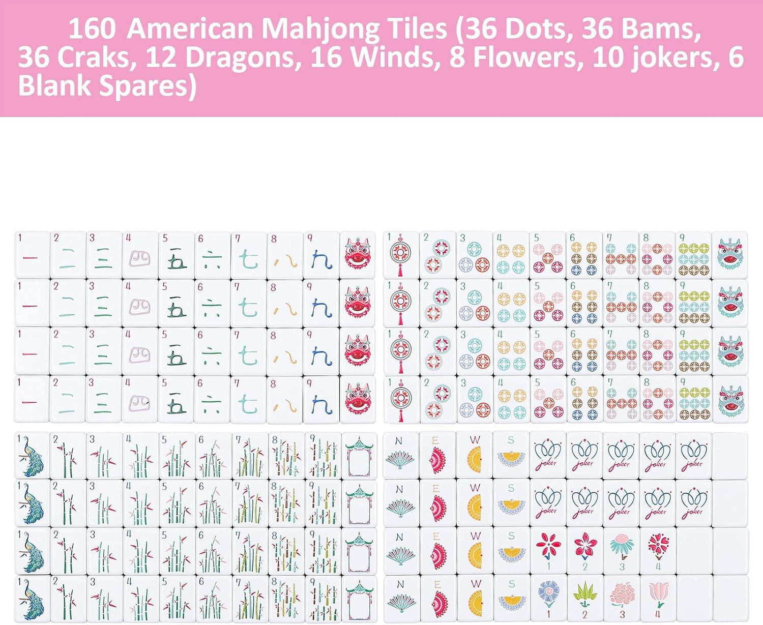 160 Pink Engraved American Mahjong Tiles Set with Carrying Bag and Accessories,