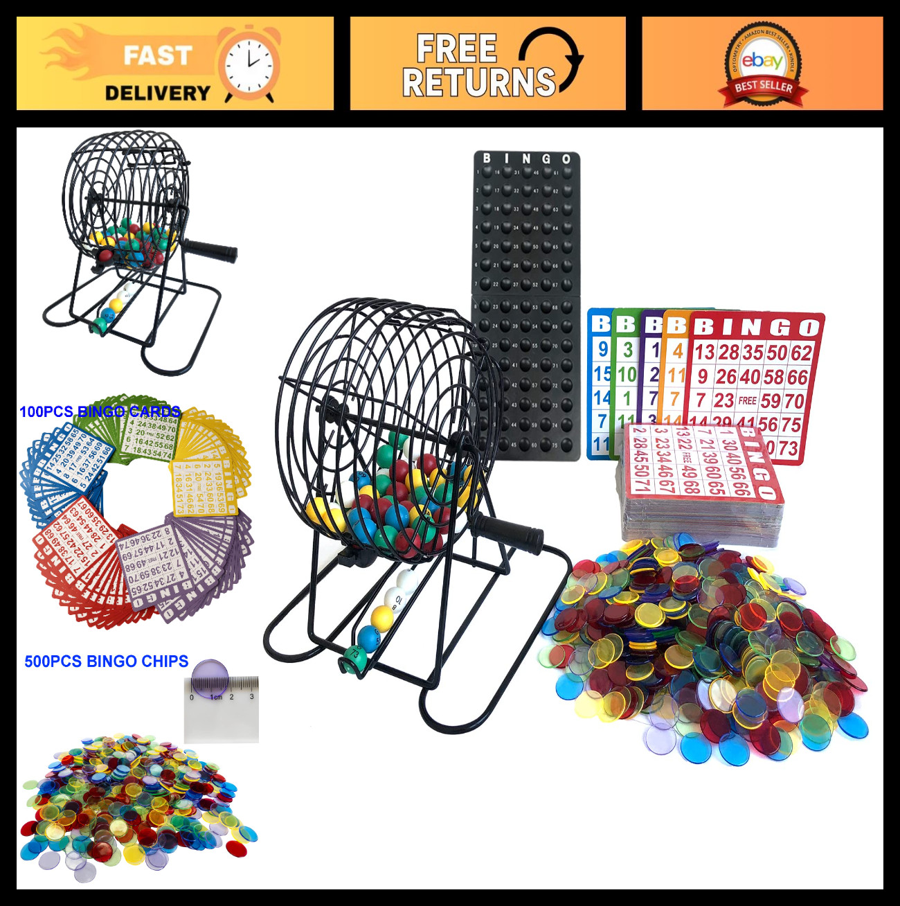Deluxe Bingo Game Set – Metal Cage, 500 Chips, 100 Cards, 75 Balls, Party Fun!