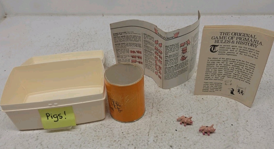 Vintage 1977 PIG MANIA PARTS Game Can, Pigs, Manual INCOMPLETE SET