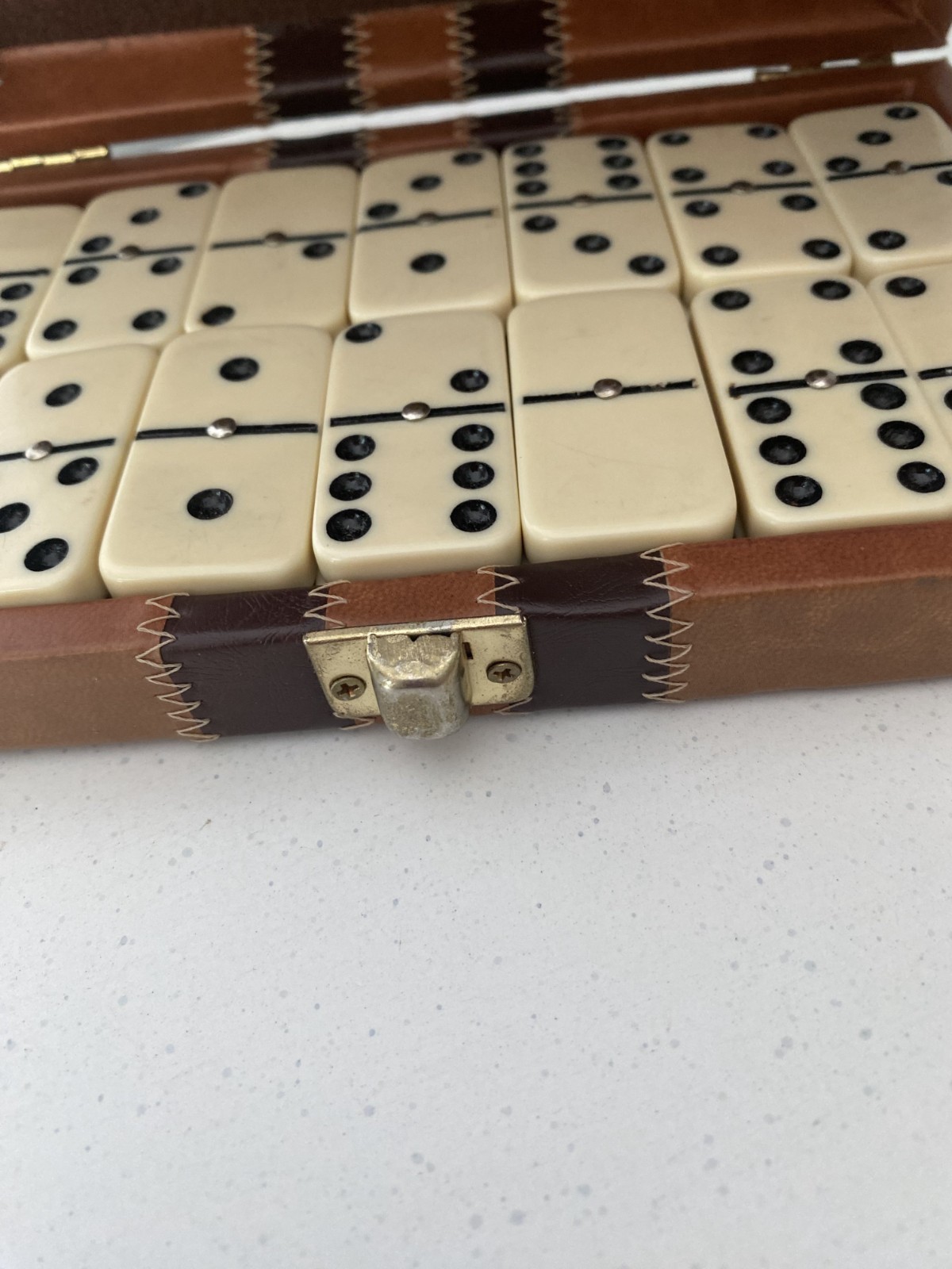 VTG Double-Six Domino Set with Metal Spinners in Brown Faux-Case
