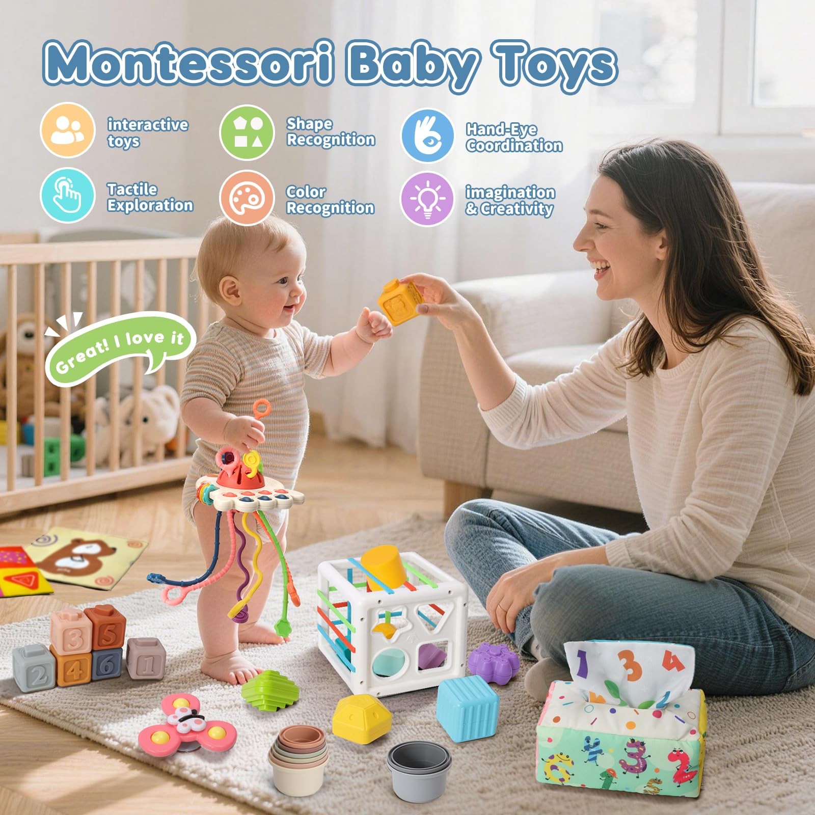 Baby Toy 6 in 1 Montessori Sensory Bin Stacking Cups Pull String EPOGG 6-12 1-3
