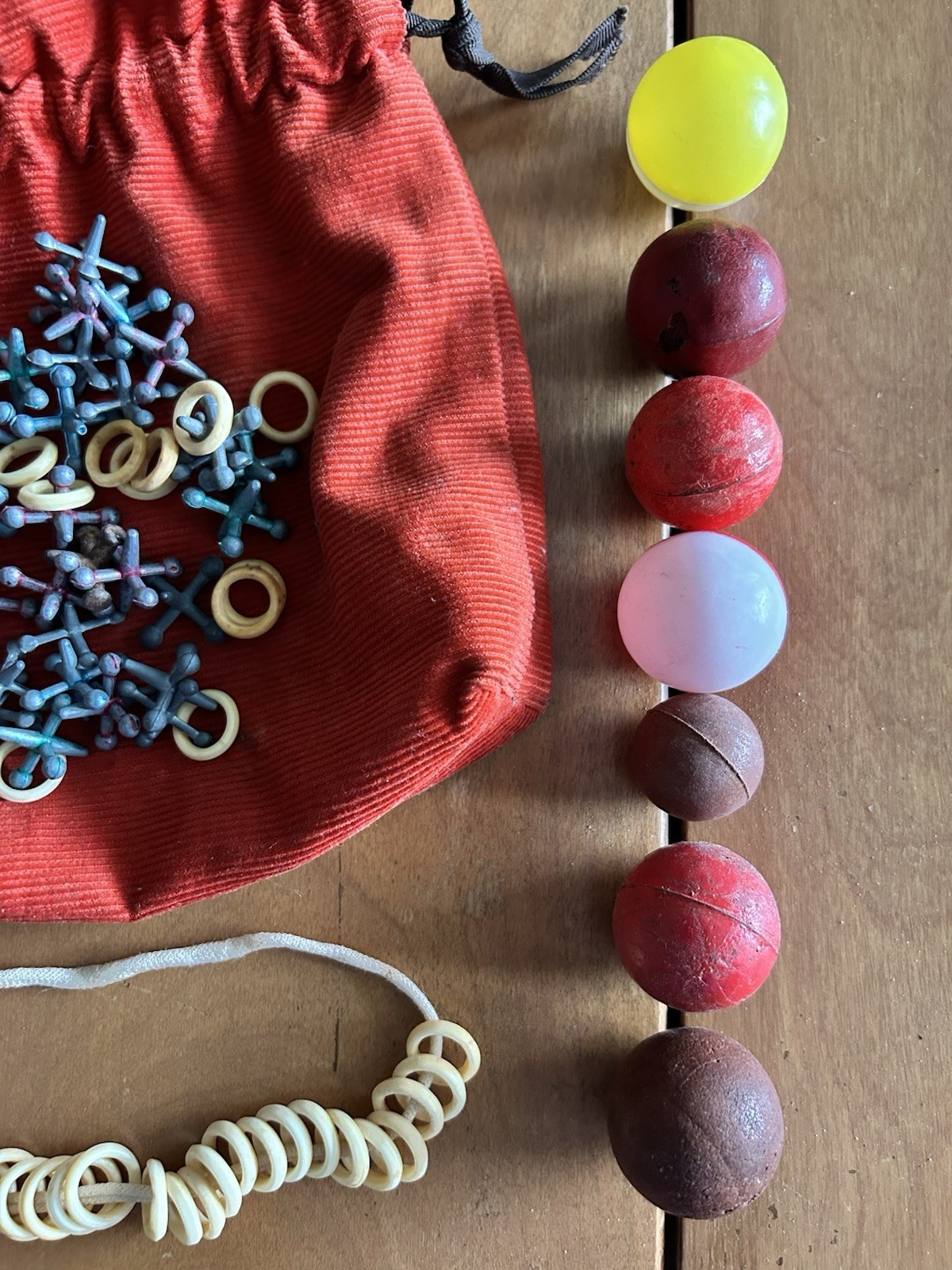 Vintage Metal Jacks Game w Balls & Handmade Courdoroy Red Storage Bag