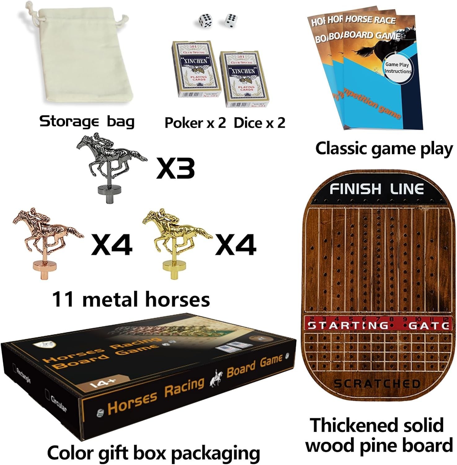 Horse Race Board Game Racing Game Thickened Solid Wood with 11 Luxurious Dura…