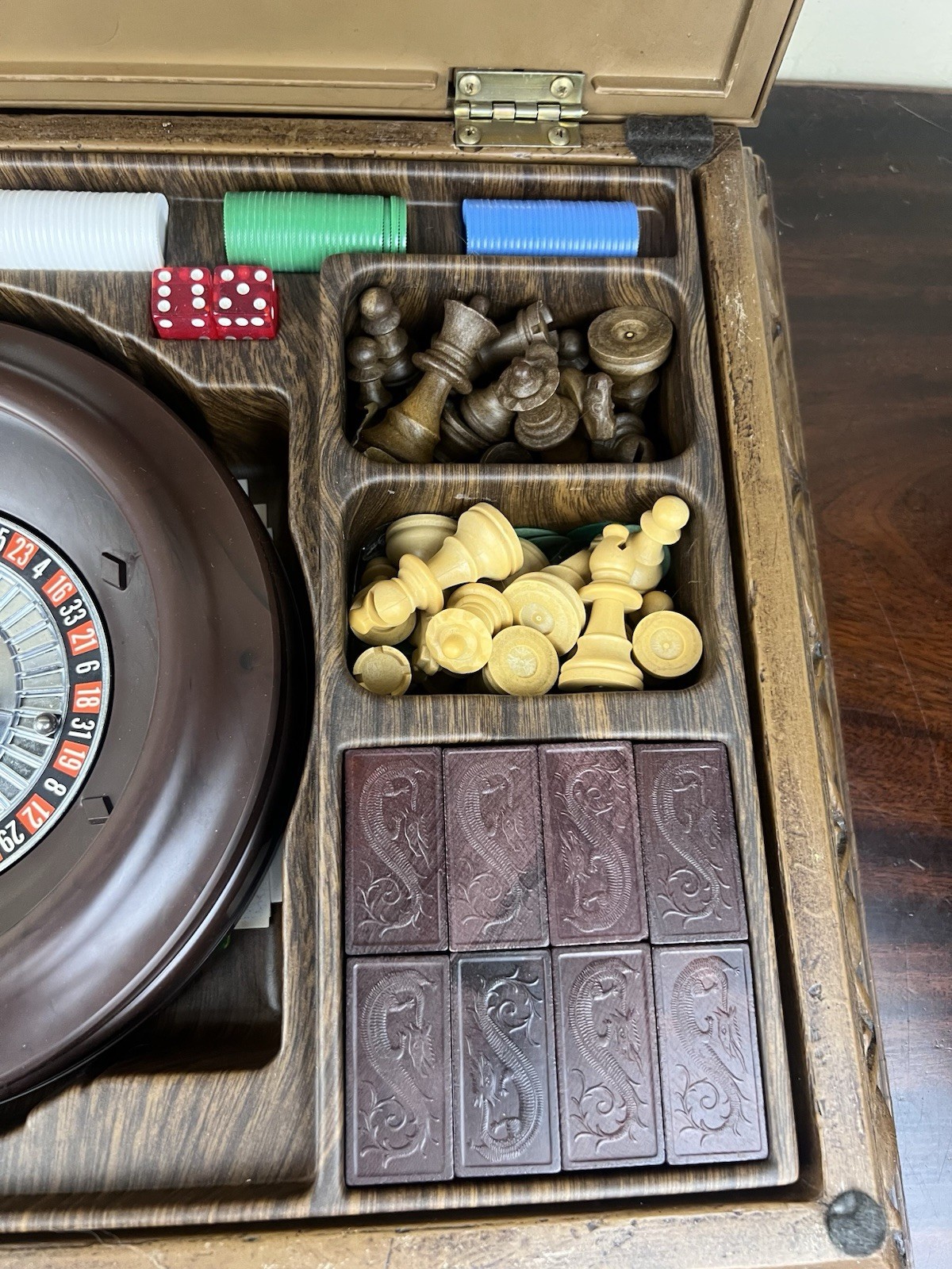 1970s Game Set w/ Box Chess Checkers Roulette Backgammon Dominoes Faux Wood
