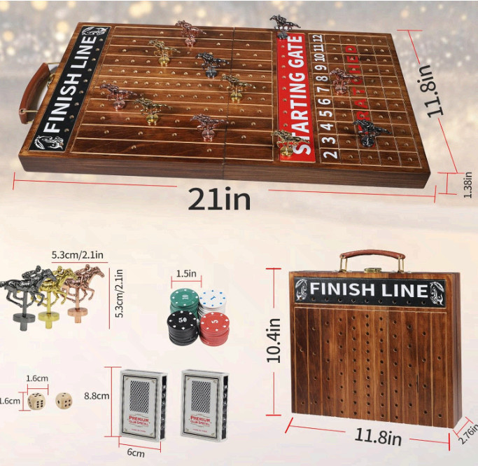 Wooden Finish Line Horse Racing Game with 11 Metal Horses, Dice, Cards Set Box