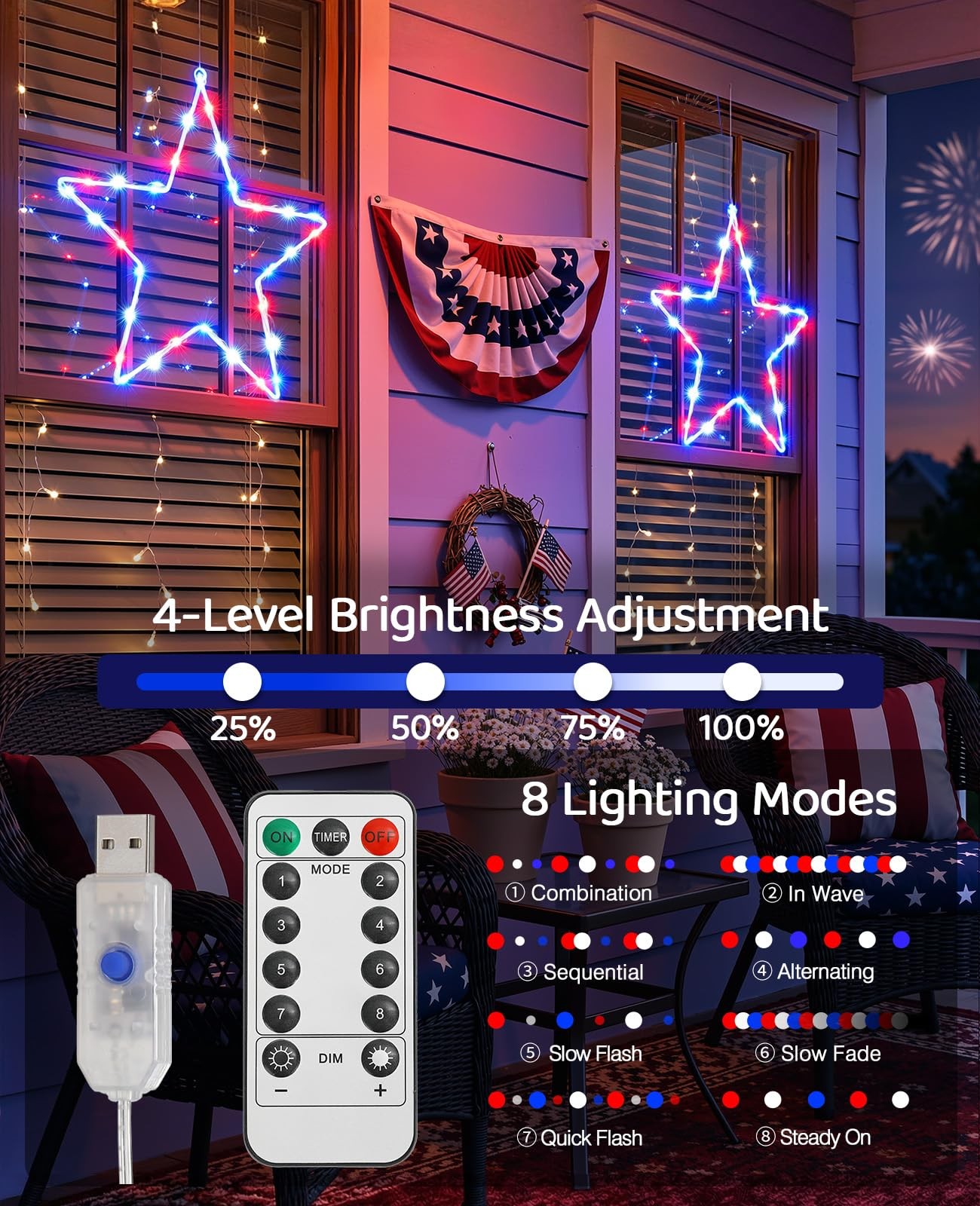 45 LED Red White Blue Star Window Lights 4th of July Patriotic Decor Decor