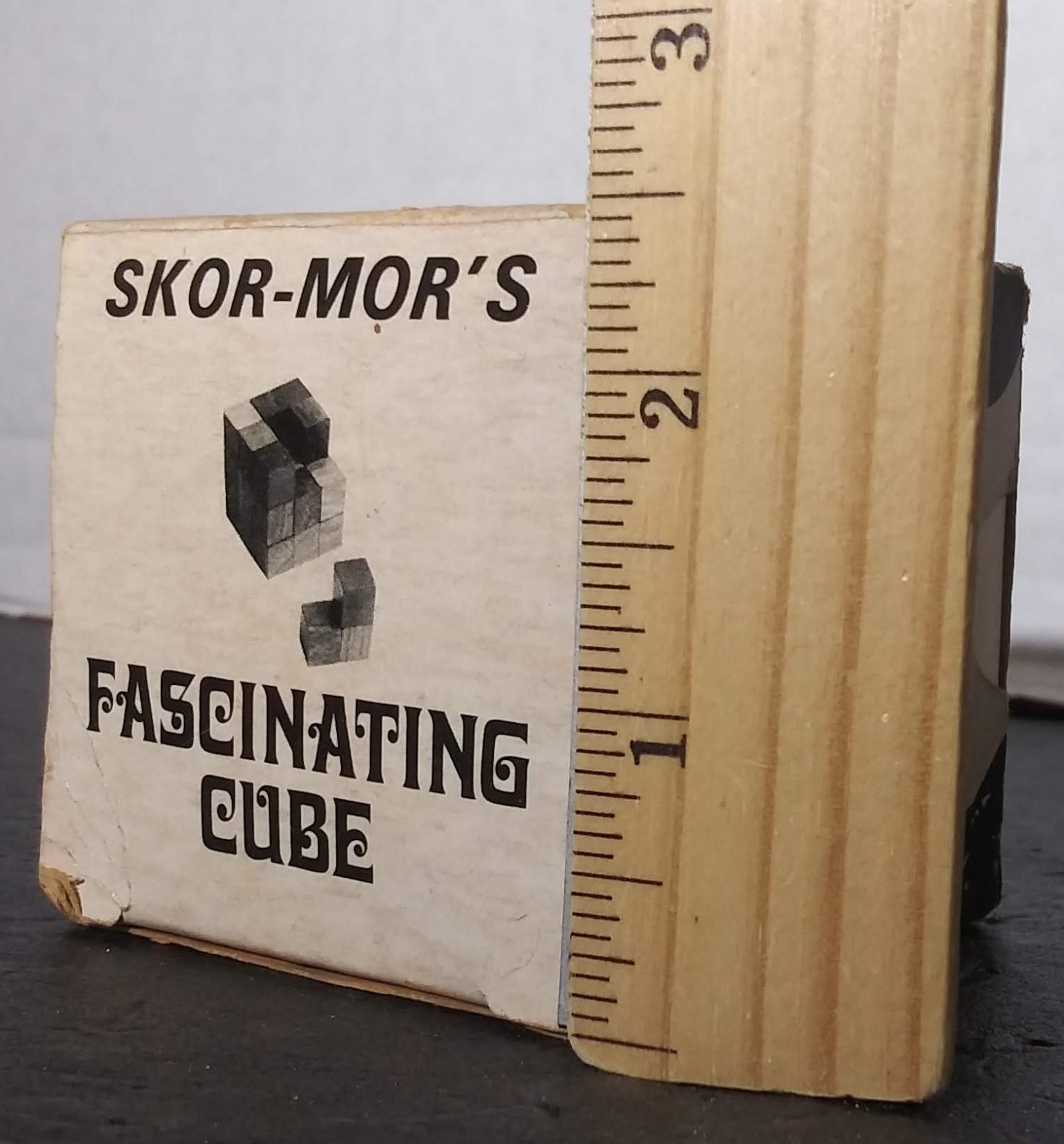 Vintage 1970’s Fascinating Cube Wooden Block Puzzle Game Skor-Mor Original Box
