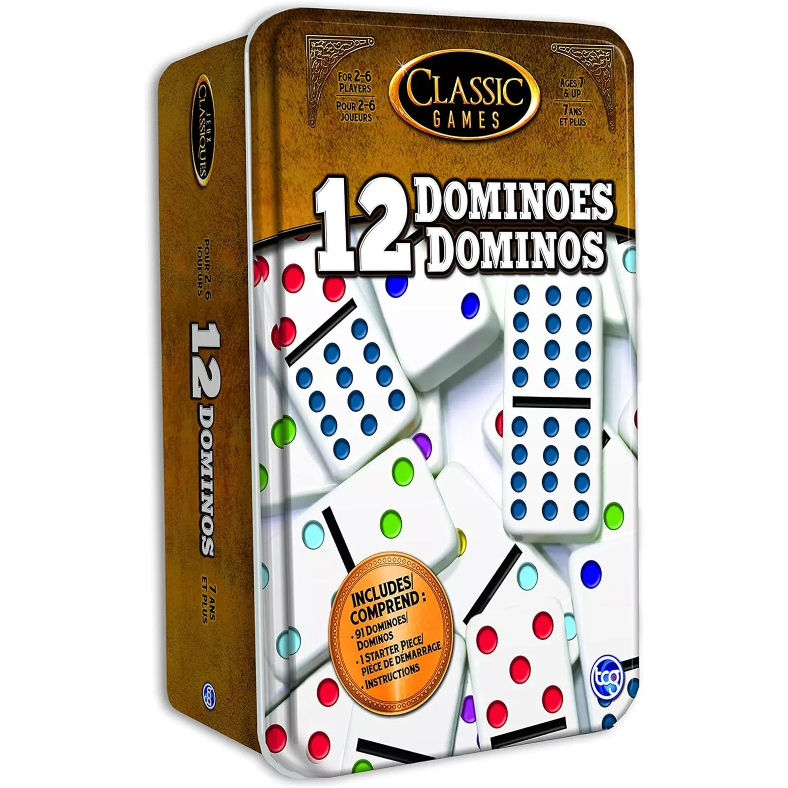 Classic 91 Numbered Domino Tiles Double 12 Dominoes in Tin Can- Classic Game