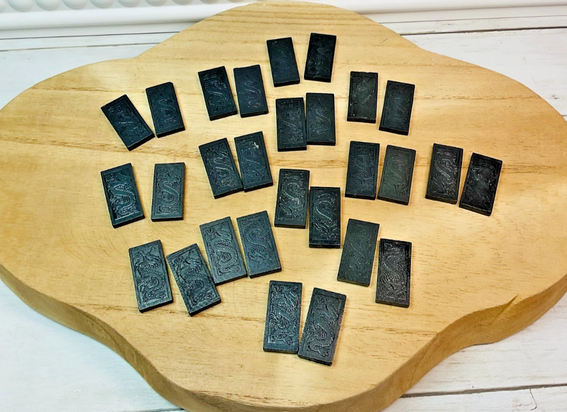 Vintage Chinese Lacquer Domino Set 28 Tiles Brass Box Birds Bamboo Asian Decor