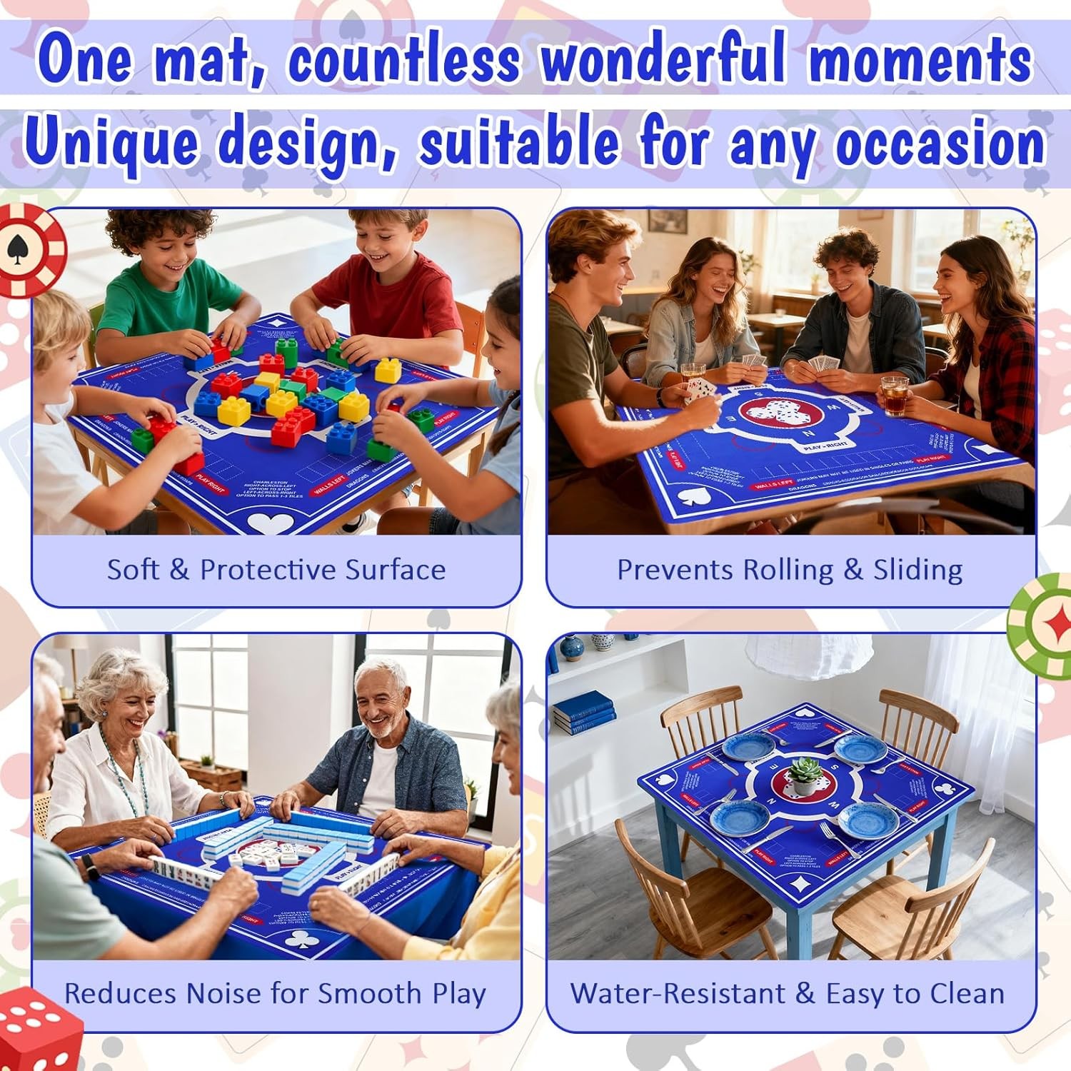 American Mahjong Mat 31.5×31.5 Inch Non-Slip Table Mahjong Game Mat with Rules